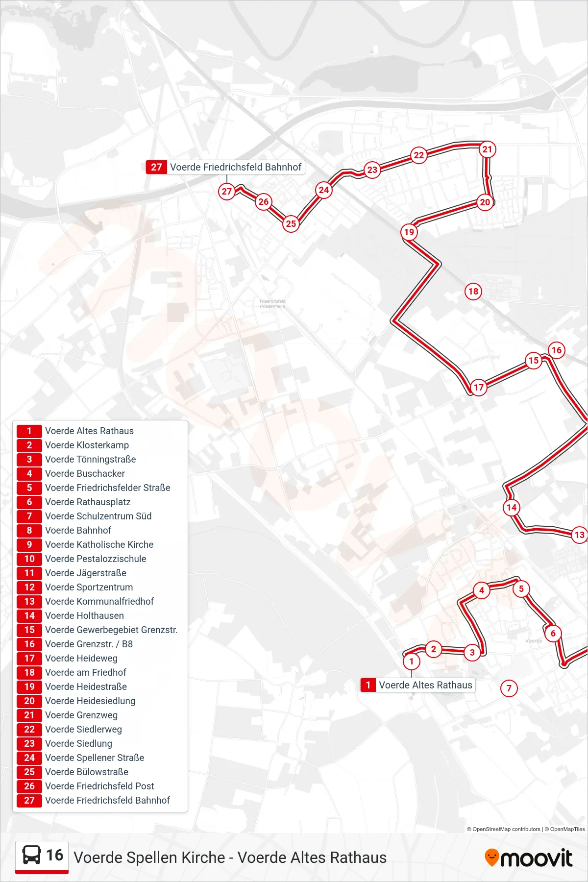 16 bus Line (Voerde Friedrichsfeld Bahnhof) route and stops on a map