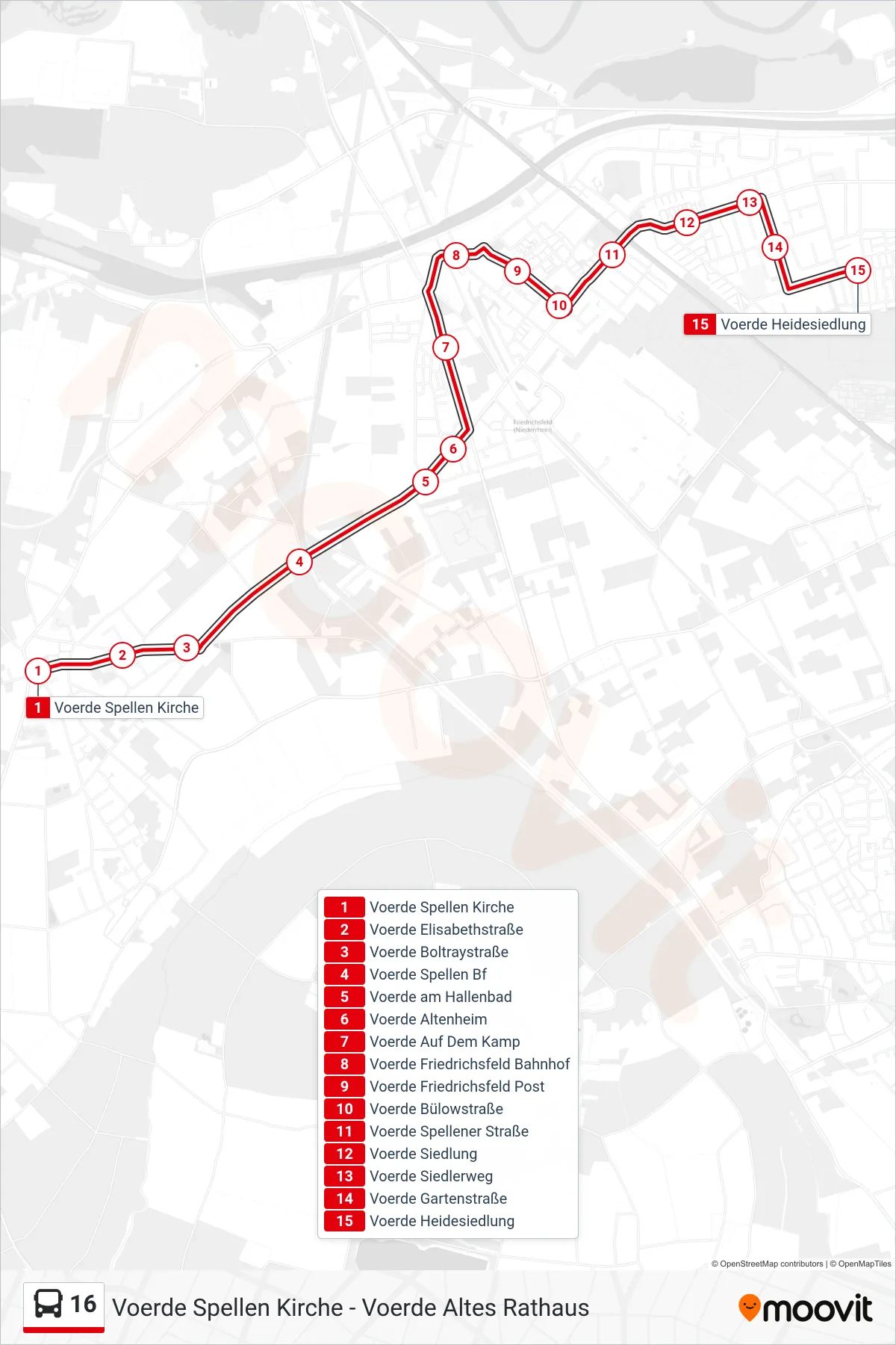 Linie 16 (Bus) Richtung Voerde Heidesiedlung: Route und Haltestellen auf der Karte