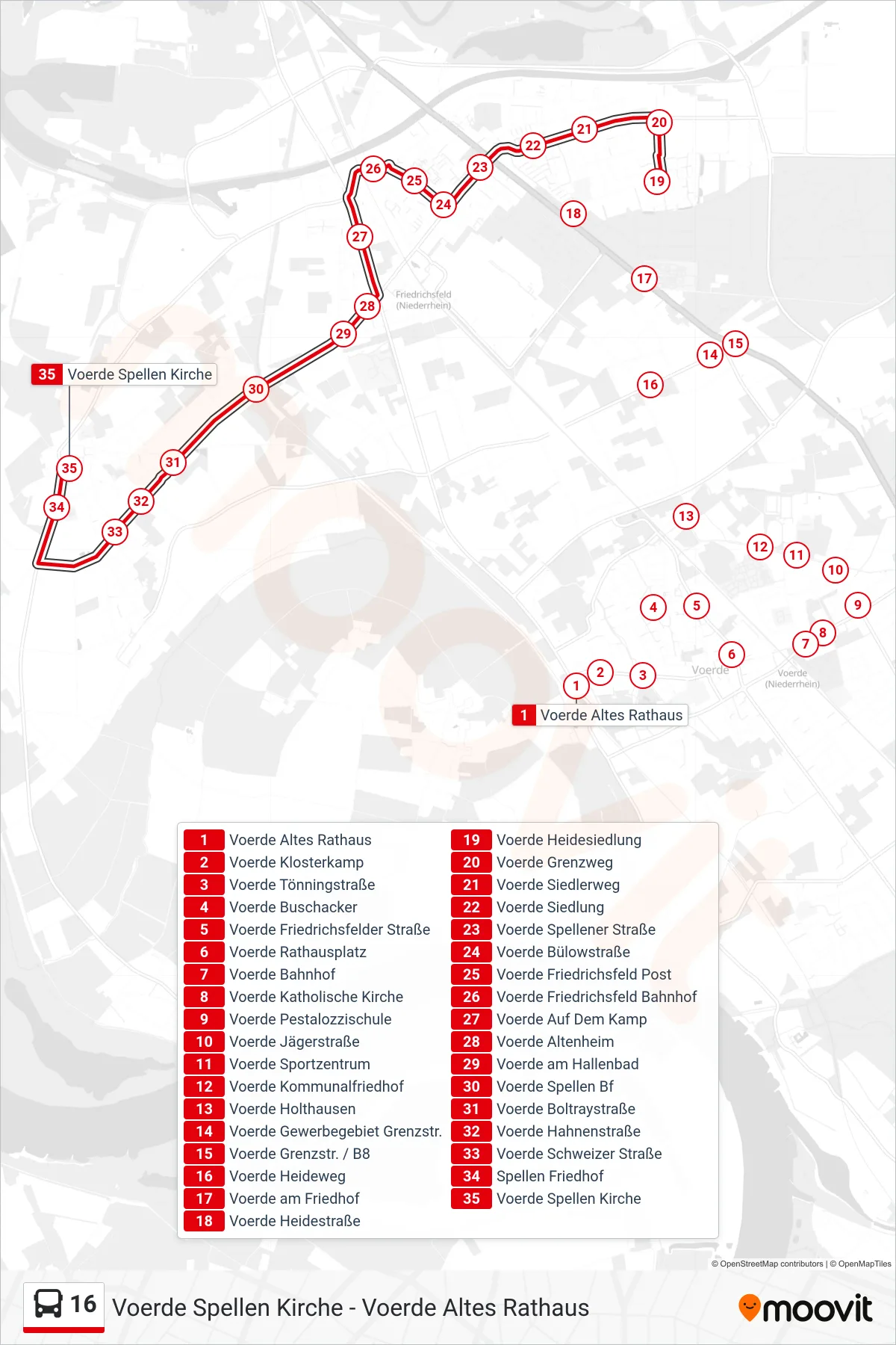 16 bus Line (Voerde Spellen Kirche) route and stops on a map