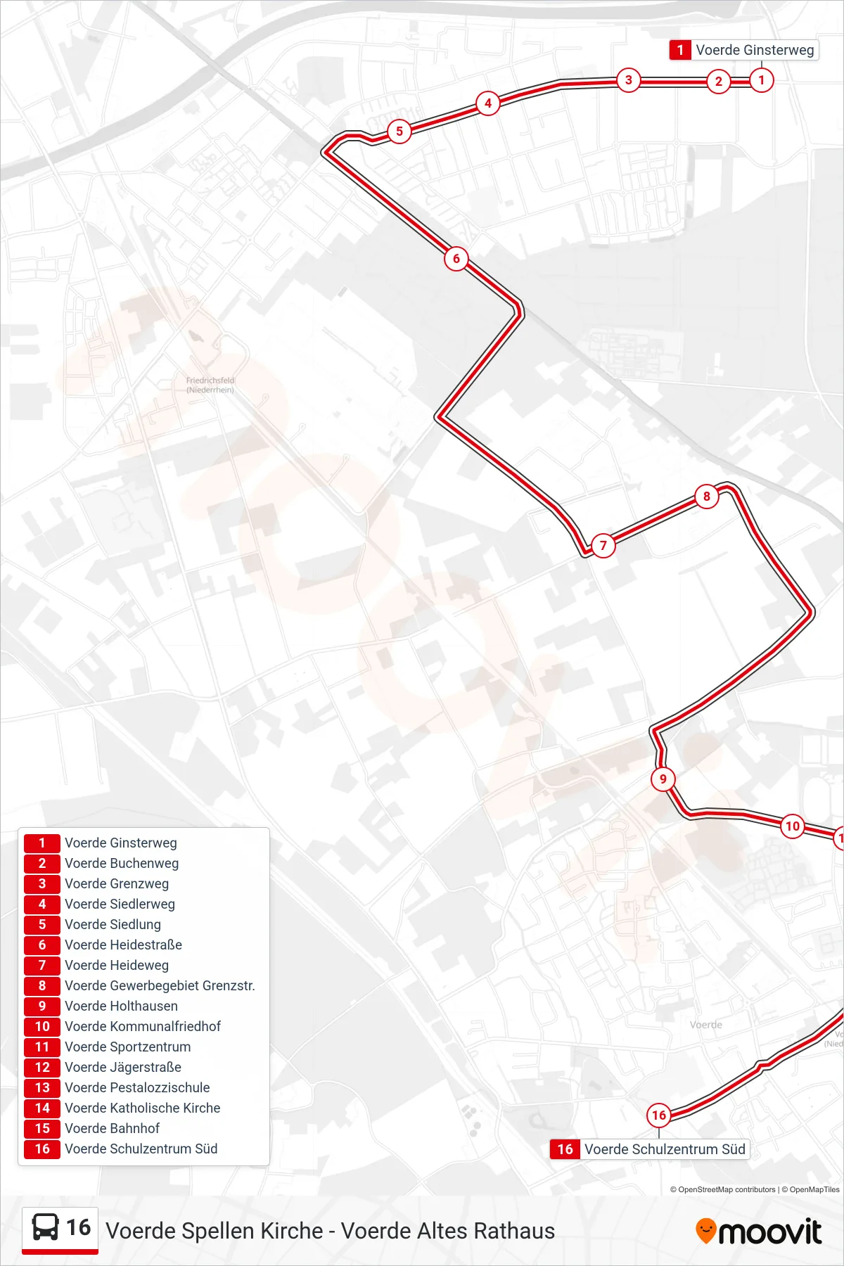 Linie 16 (Bus) Richtung Voerde Schulzentrum Süd: Route und Haltestellen auf der Karte