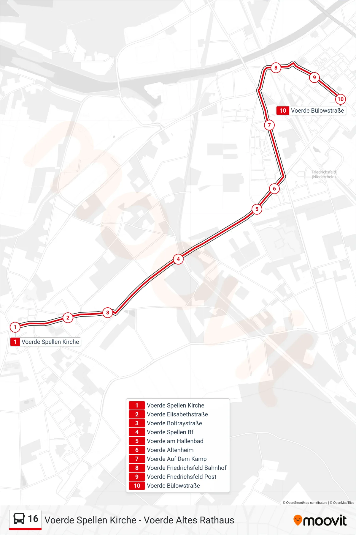 16 bus Line (Voerde Bülowstraße) route and stops on a map