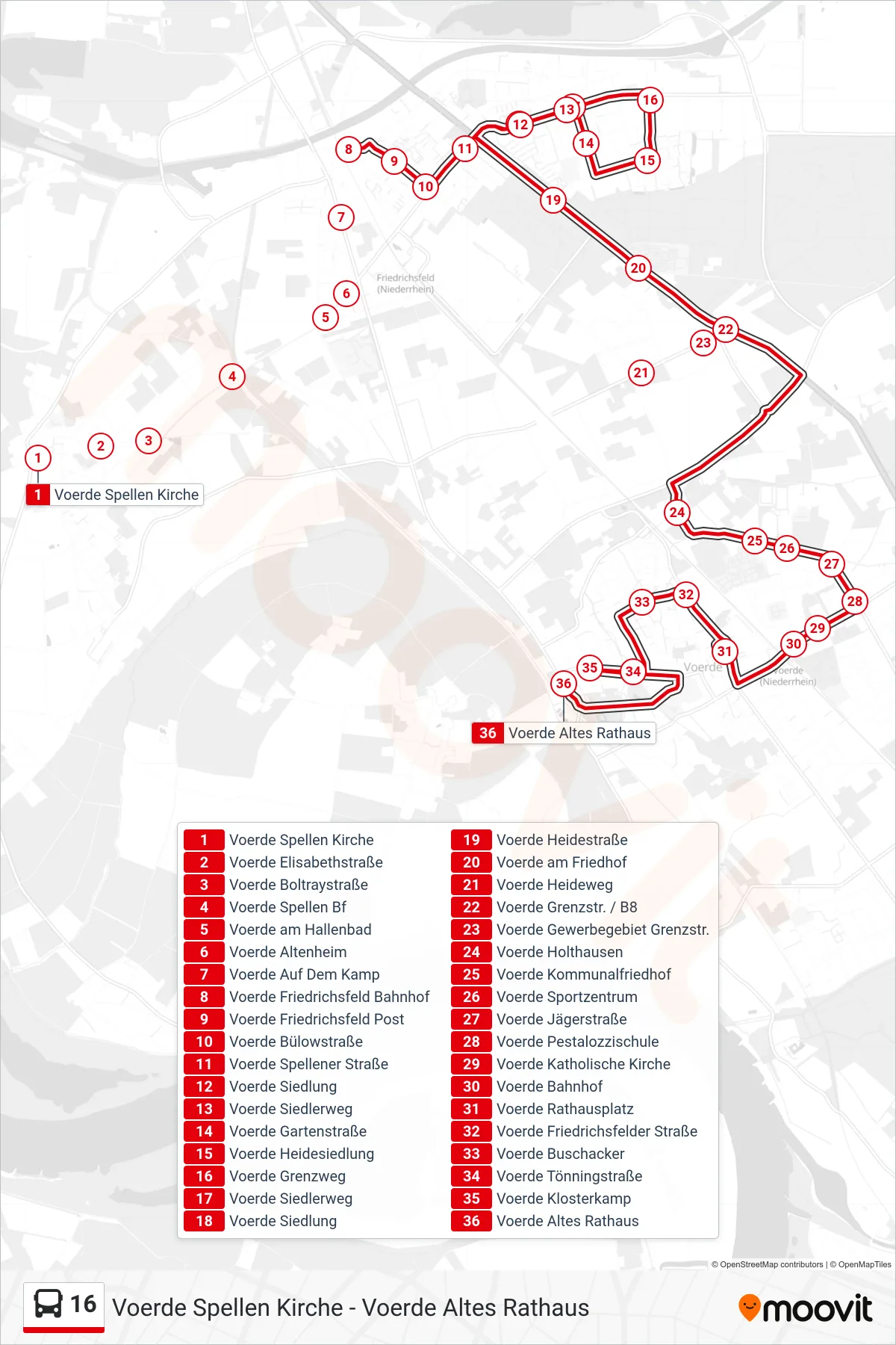 16 bus Line (Voerde Altes Rathaus) route and stops on a map
