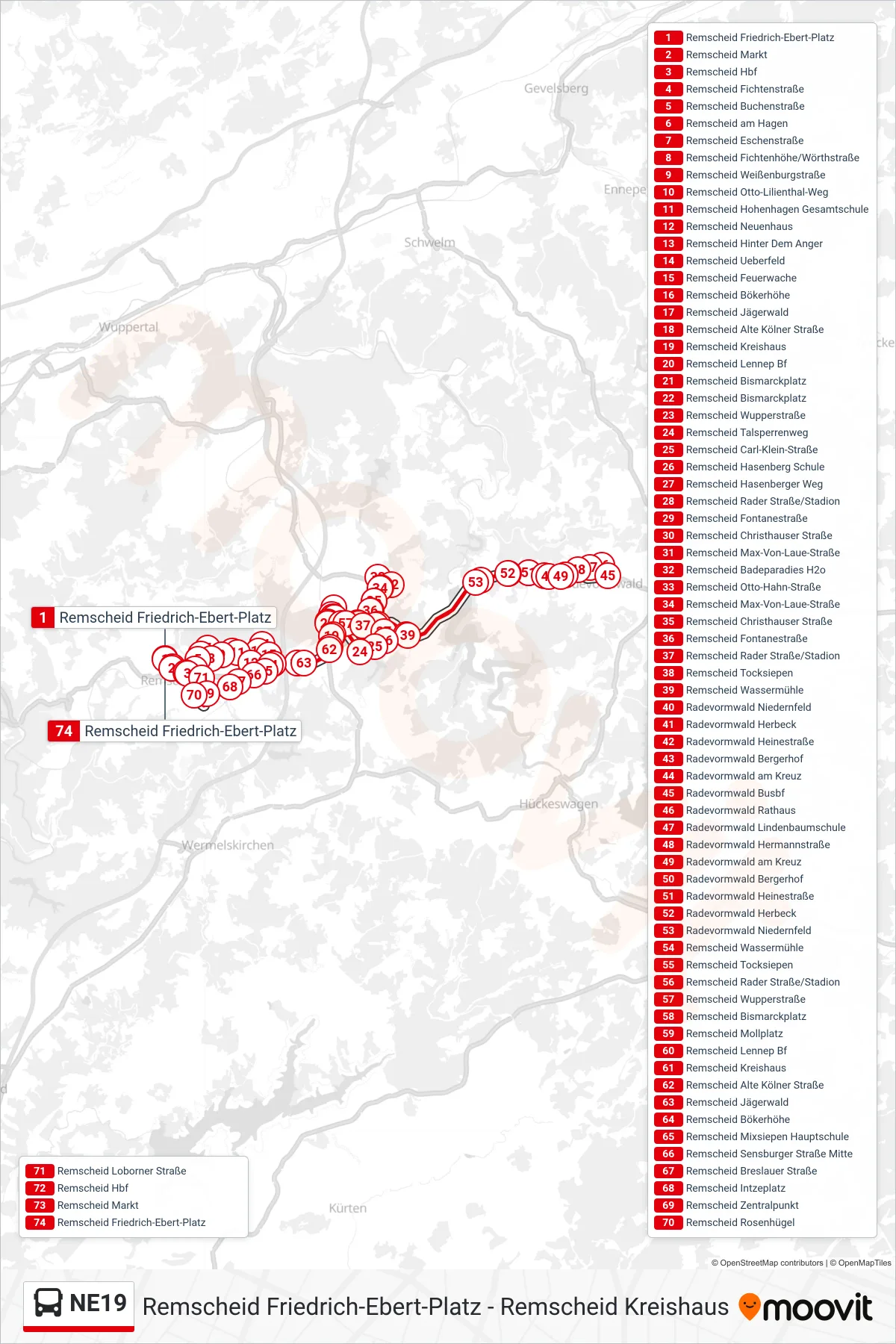 NE19 bus Line (Remscheid Friedrich-Ebert-Platz) route and stops on a map