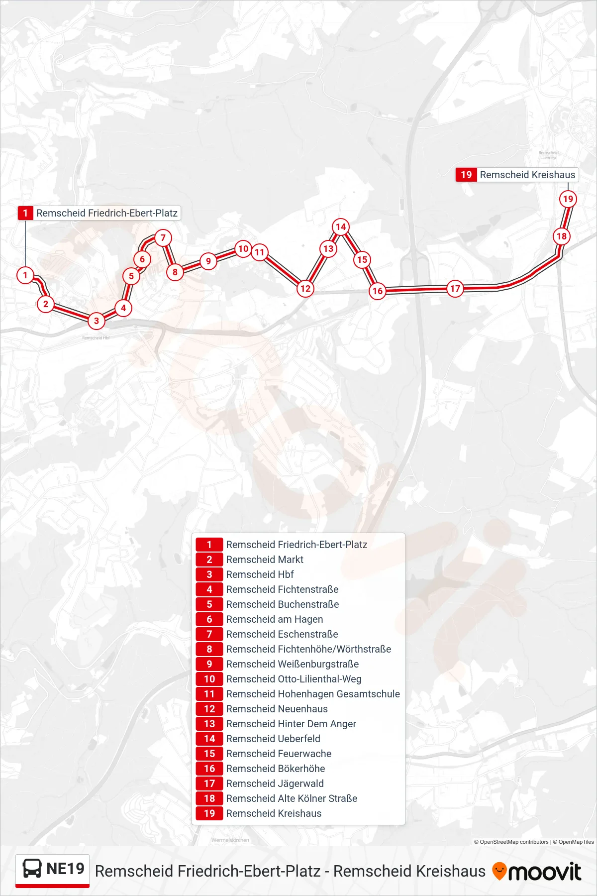 NE19 bus Line (Remscheid Kreishaus) route and stops on a map