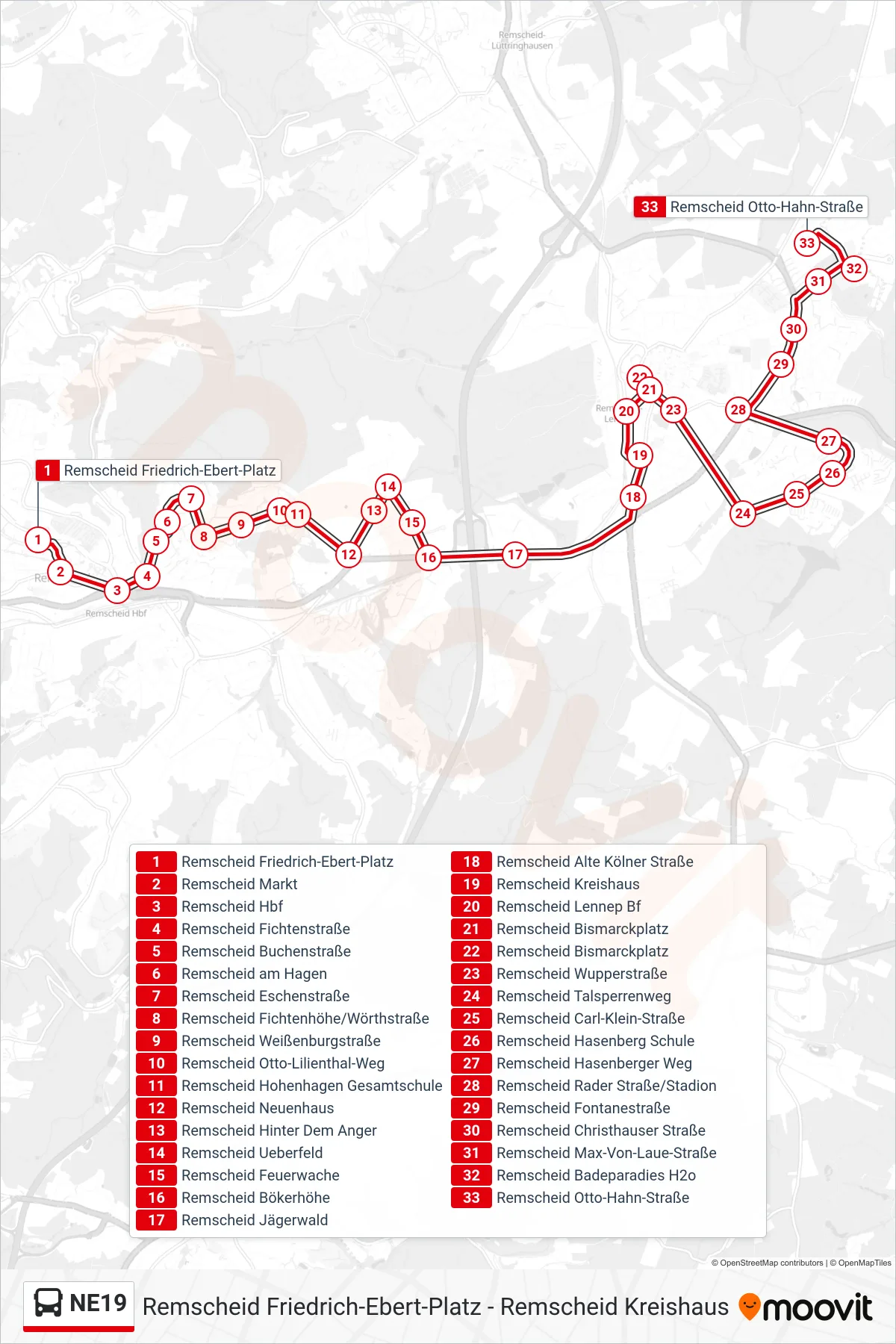 NE19 bus Line (Remscheid Otto-Hahn-Straße) route and stops on a map