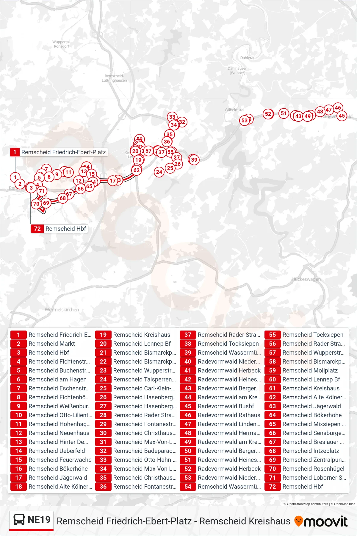 Linie NE19 (Bus) Richtung Remscheid Hbf: Route und Haltestellen auf der Karte