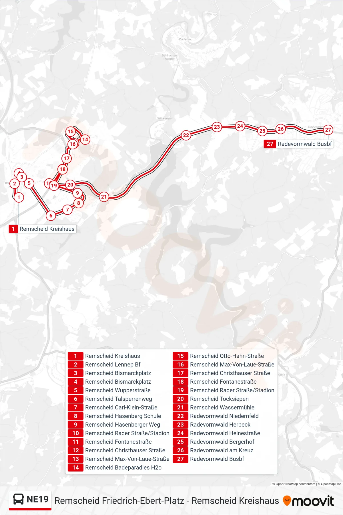 NE19 bus Line (Radevormwald Busbf) route and stops on a map