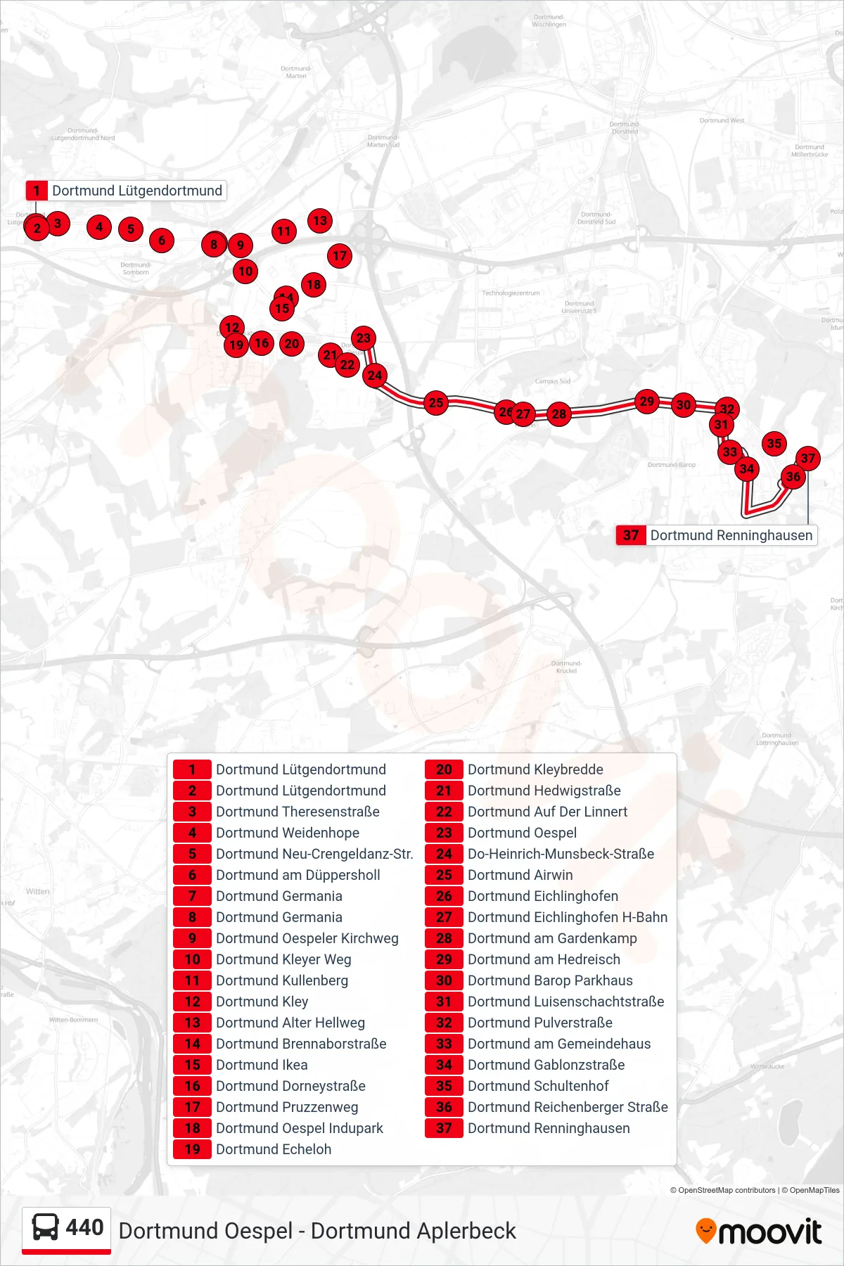 Linie 440 (Bus) Richtung Dortmund Renninghausen: Route und Haltestellen auf der Karte