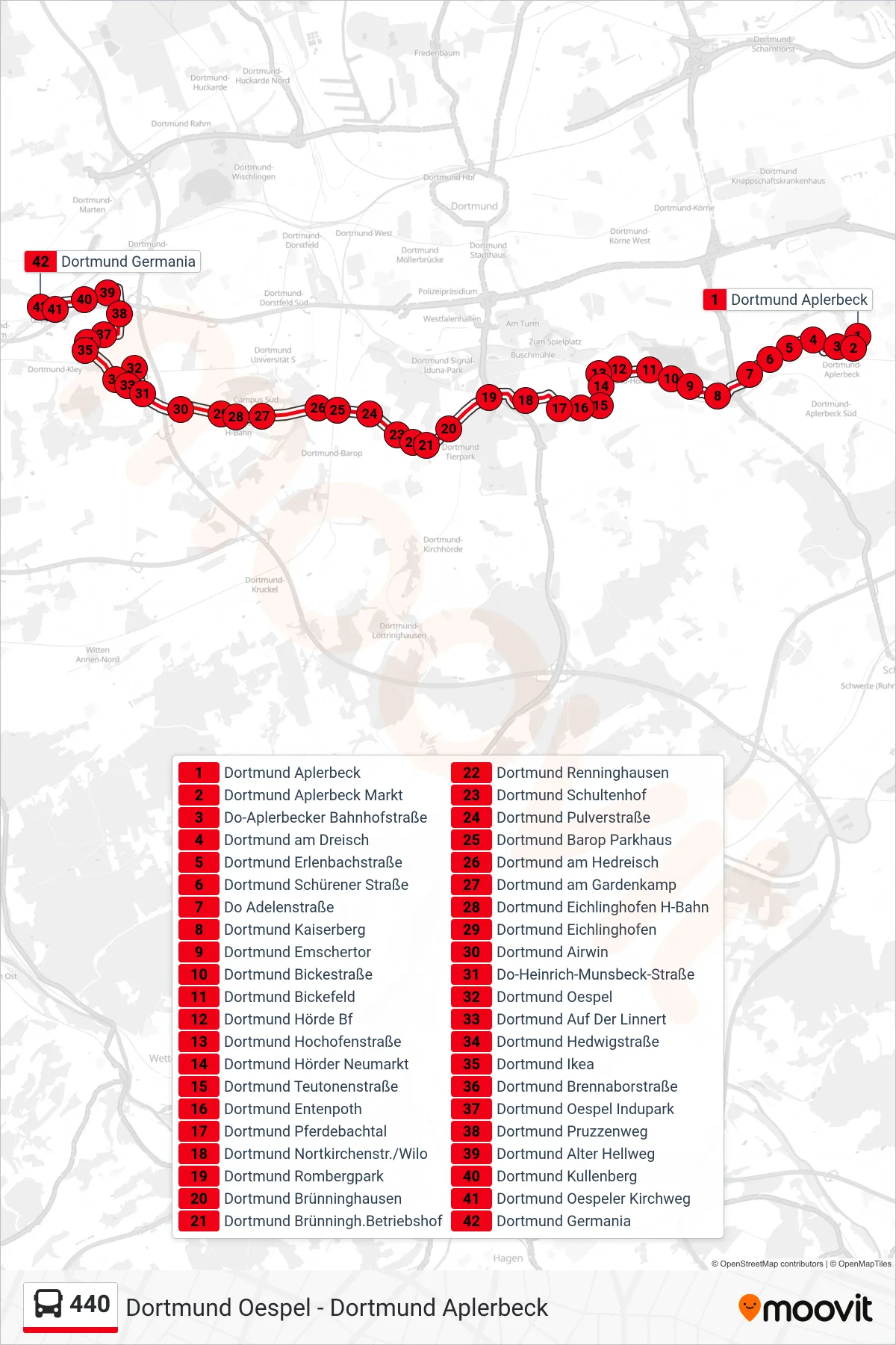 Linie 440 (Bus) Richtung Dortmund Germania: Route und Haltestellen auf der Karte