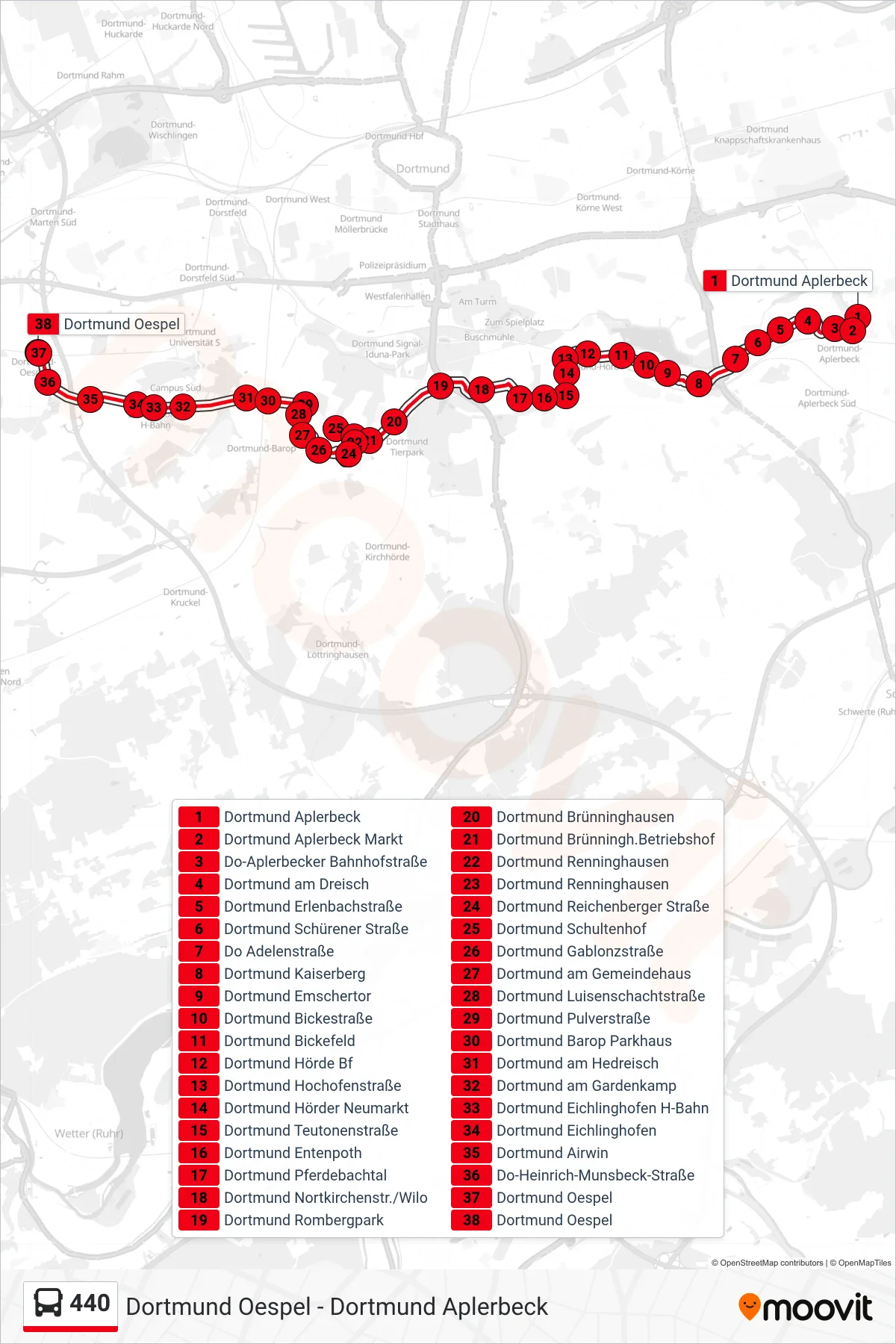 Linie 440 (Bus) Richtung Dortmund Oespel: Route und Haltestellen auf der Karte