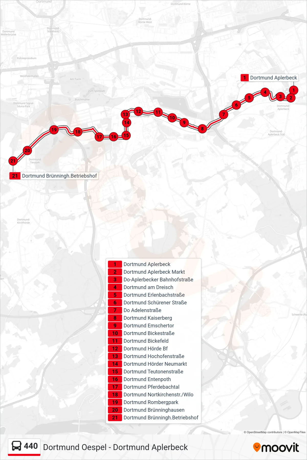 Linie 440 (Bus) Richtung Dortmund Brünningh.Betriebshof: Route und Haltestellen auf der Karte