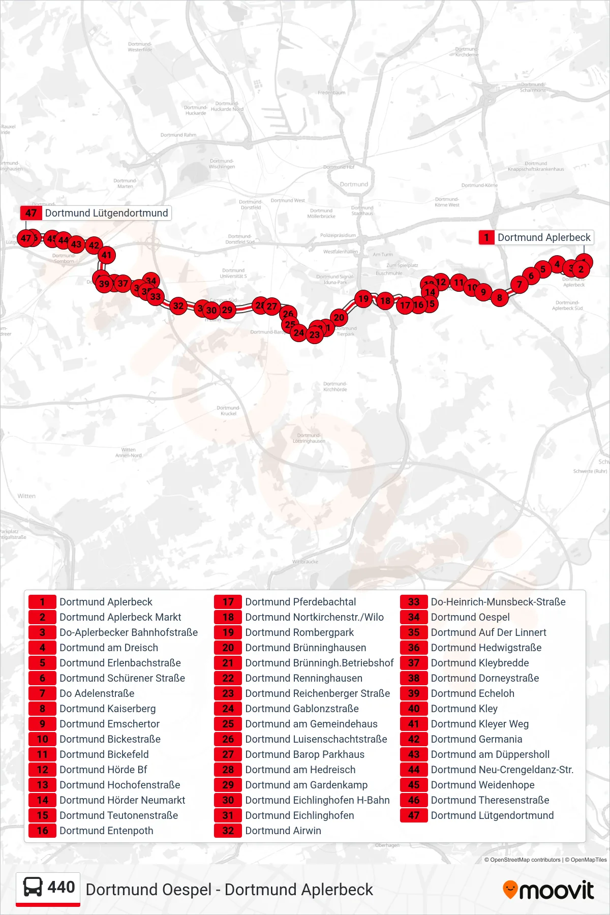 Linie 440 (Bus) Richtung Dortmund Lütgendortmund: Route und Haltestellen auf der Karte