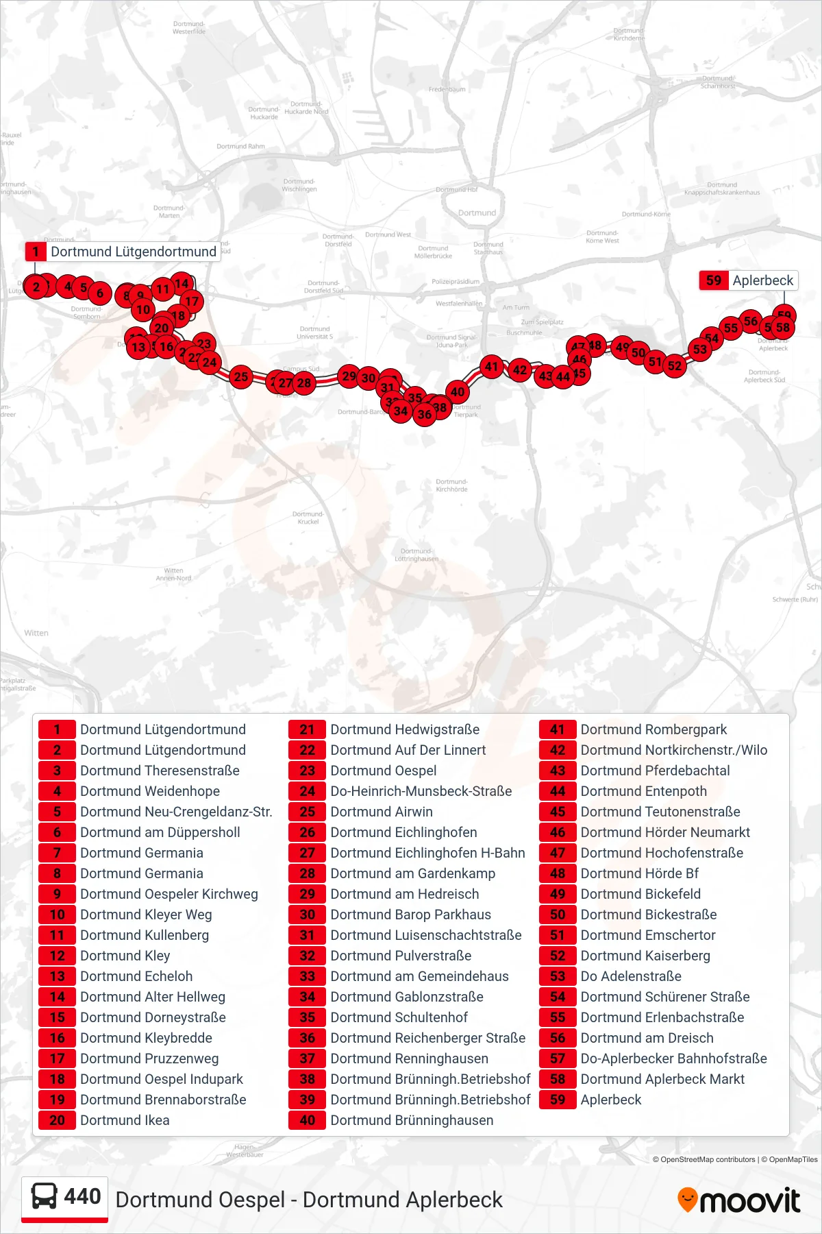 Linie 440 (Bus) Richtung Dortmund Aplerbeck: Route und Haltestellen auf der Karte