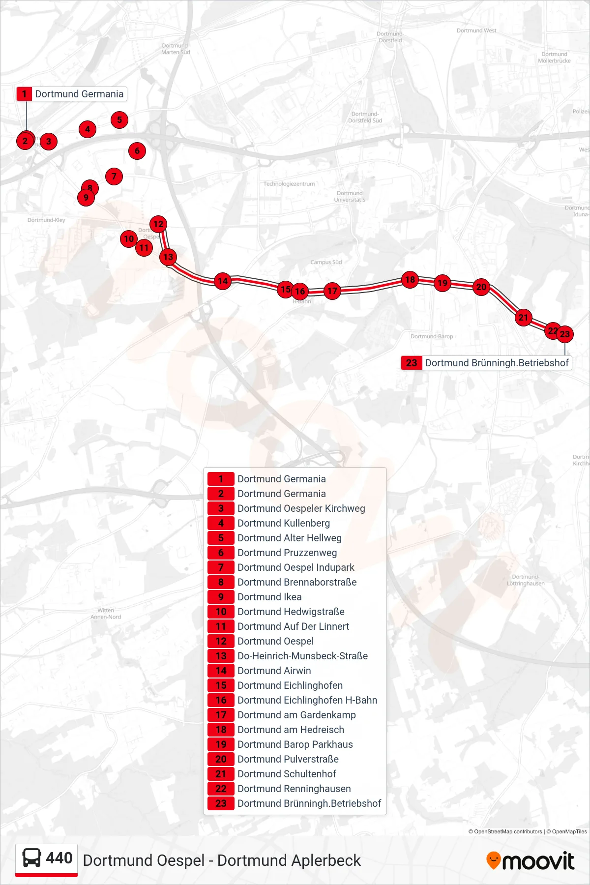 Linie 440 (Bus) Richtung Dortmund Brünningh.Betriebshof: Route und Haltestellen auf der Karte