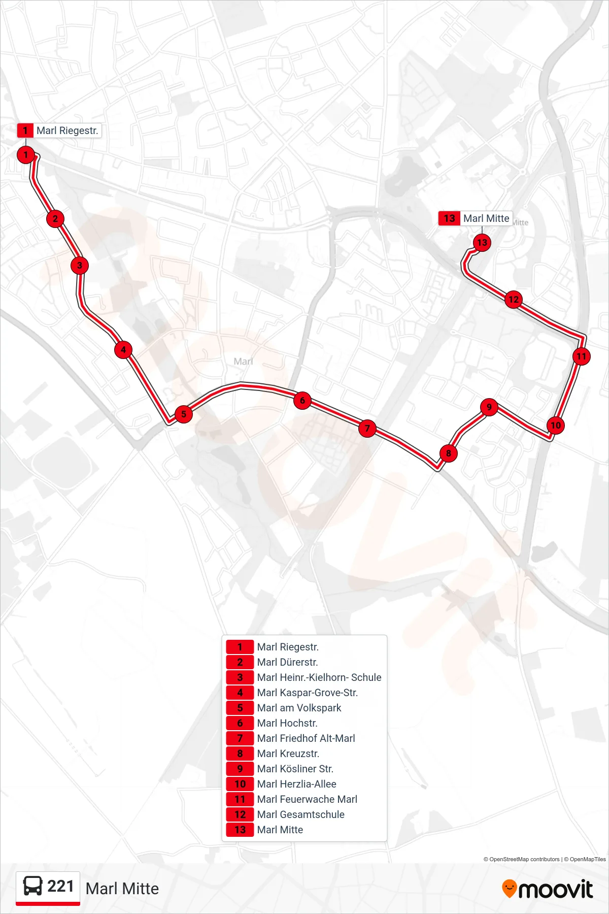 Linie 221 (Bus) Richtung Marl Mitte: Route und Haltestellen auf der Karte