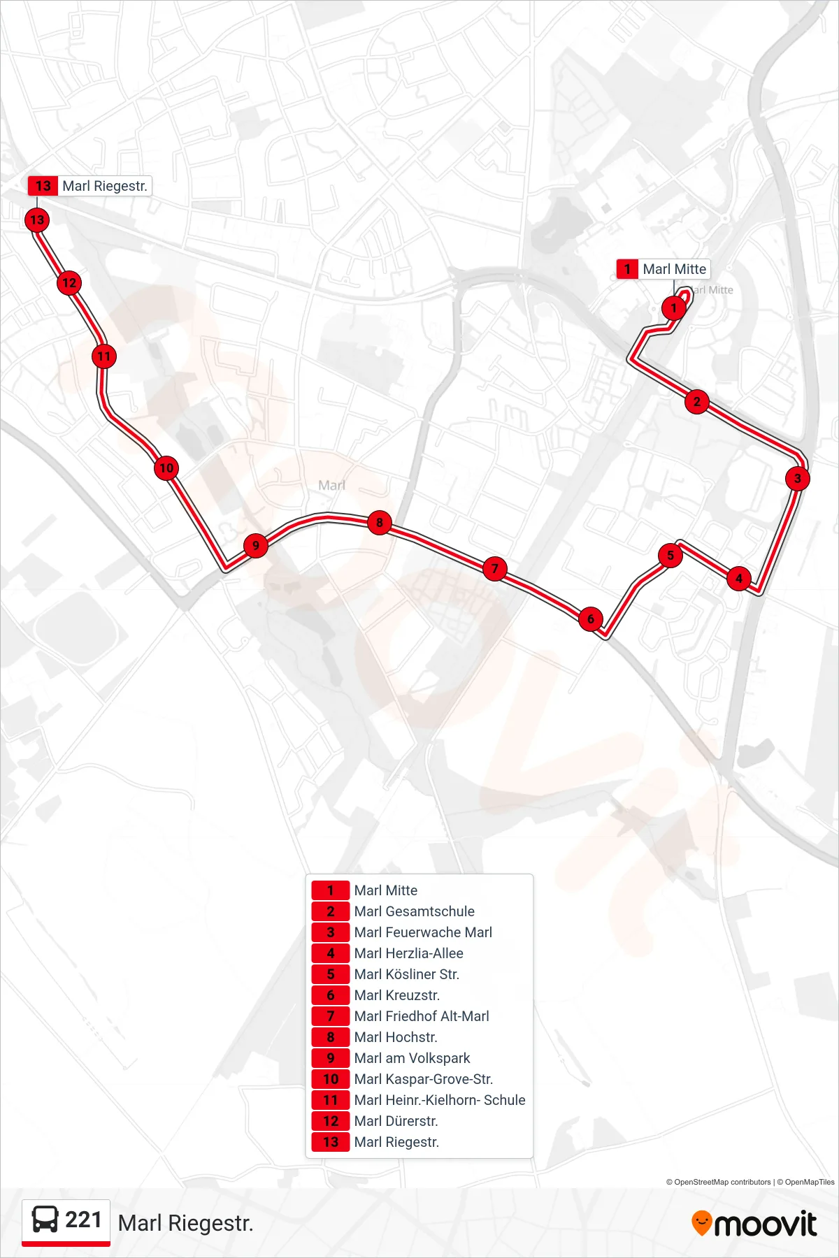 Linie 221 (Bus) Richtung Marl Riegestr.: Route und Haltestellen auf der Karte