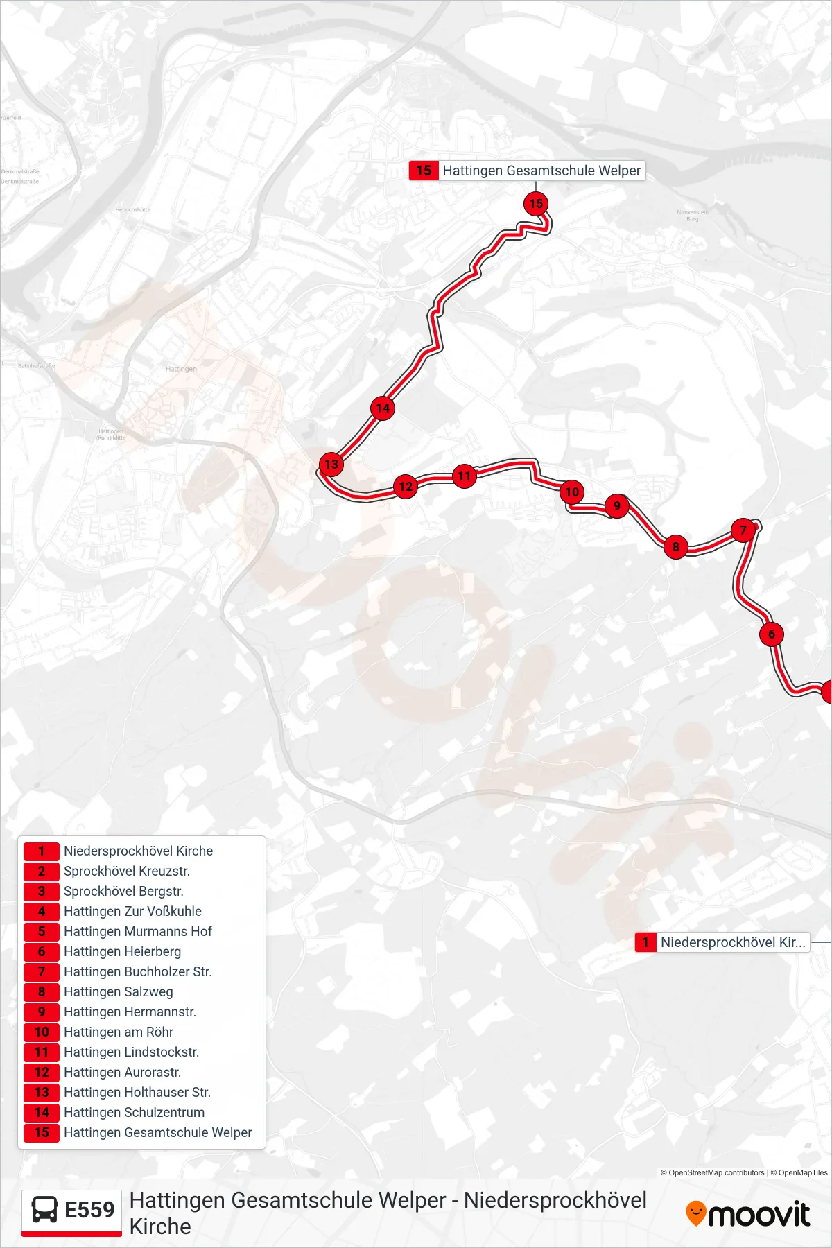 Linie E559 (Bus) Richtung Hattingen Gesamtschule Welper: Route und Haltestellen auf der Karte