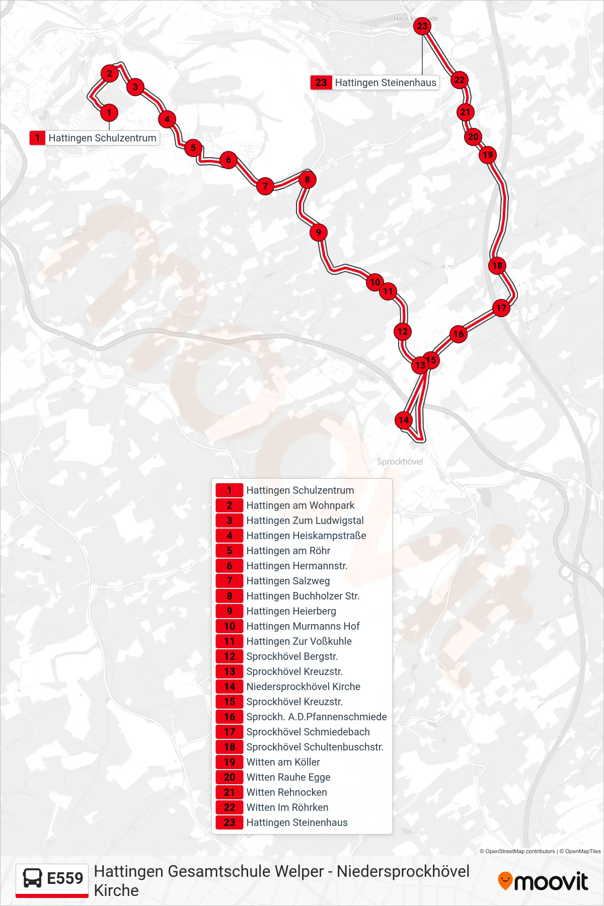 Linie E559 (Bus) Richtung Hattingen Steinenhaus: Route und Haltestellen auf der Karte