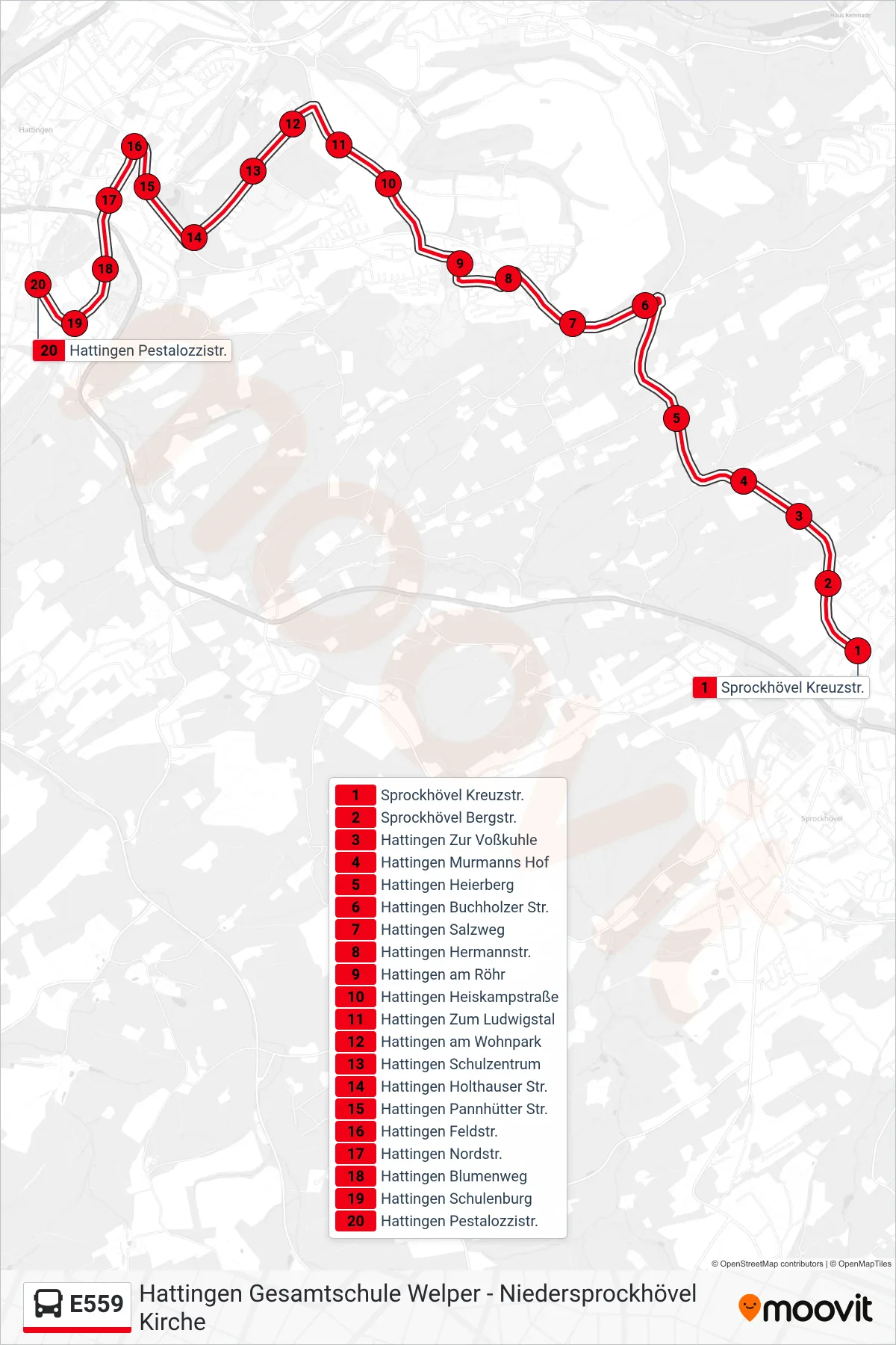 Linie E559 (Bus) Richtung Hattingen Pestalozzistr.: Route und Haltestellen auf der Karte