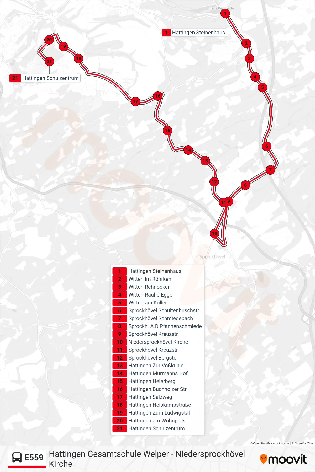 Linie E559 (Bus) Richtung Hattingen Schulzentrum: Route und Haltestellen auf der Karte
