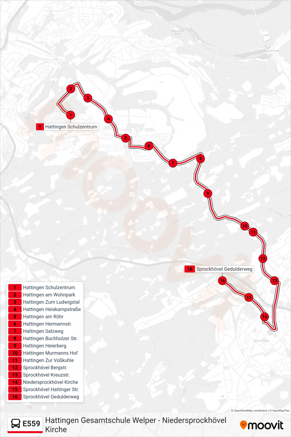 Linie E559 (Bus) Richtung Sprockhövel Gedulderweg: Route und Haltestellen auf der Karte