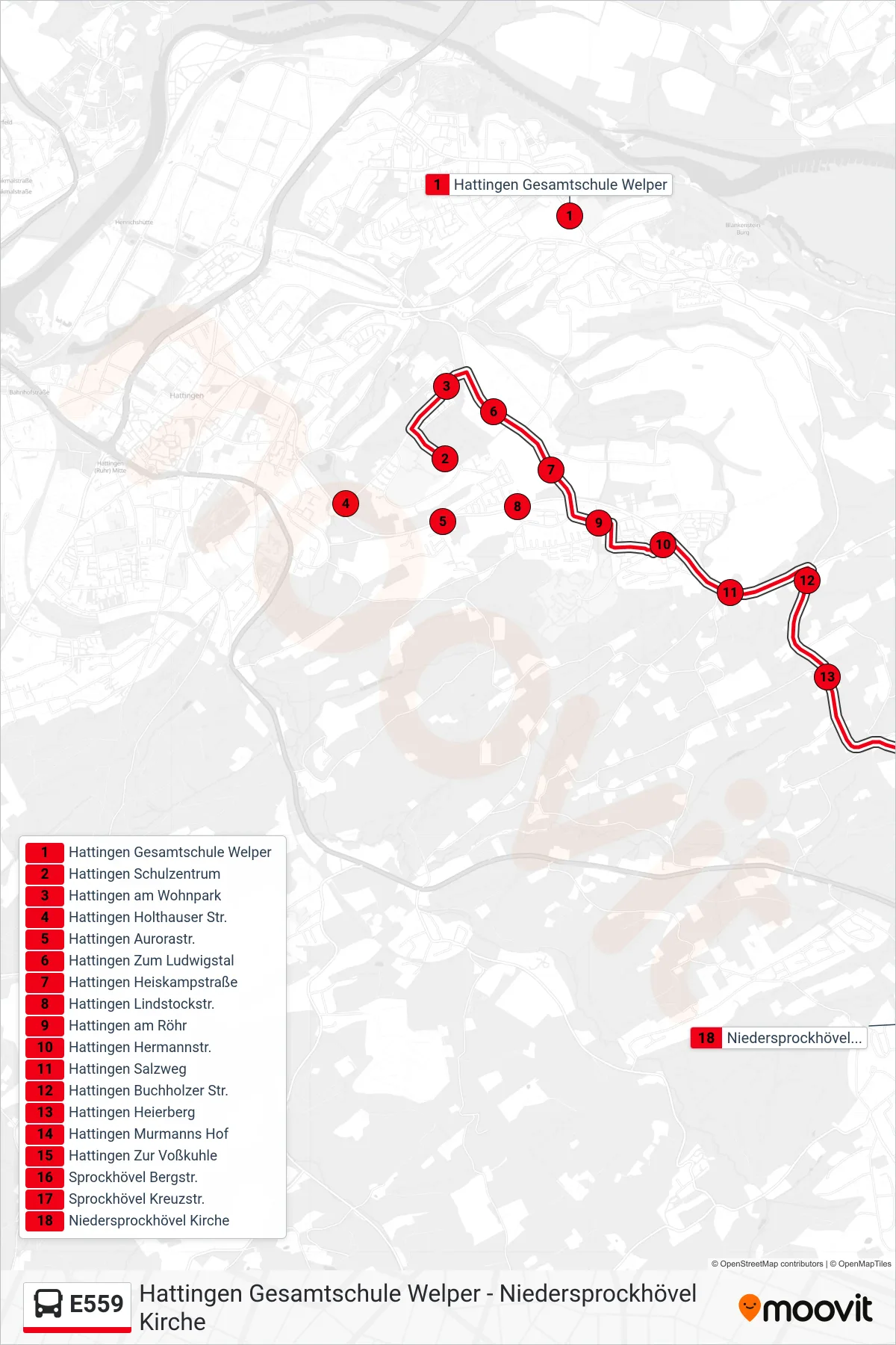 Linie E559 (Bus) Richtung Niedersprockhövel Kirche: Route und Haltestellen auf der Karte