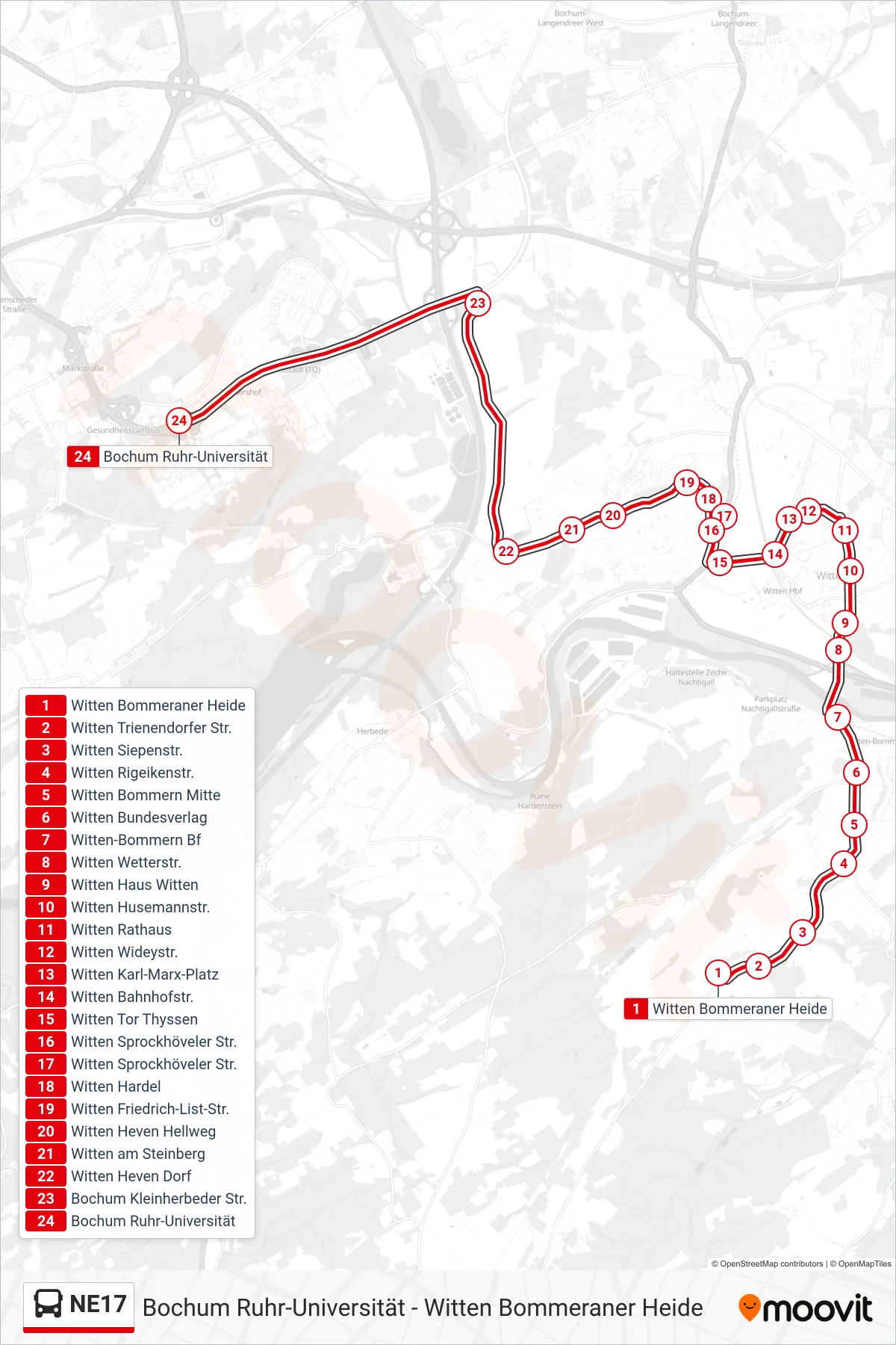 NE17 bus Line (Bochum Ruhr-Universität) route and stops on a map