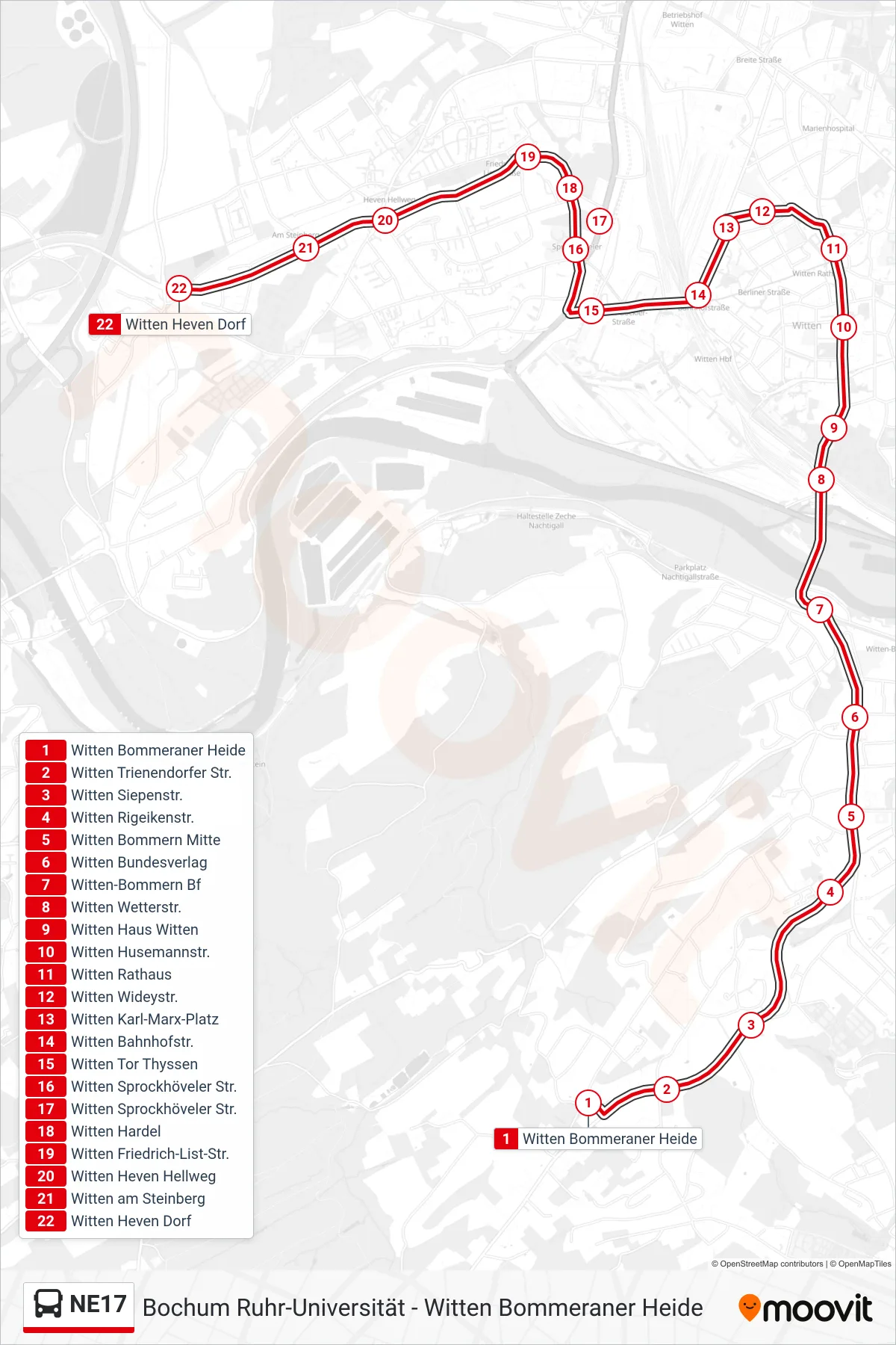 Linie NE17 (Bus) Richtung Witten Heven Dorf: Route und Haltestellen auf der Karte