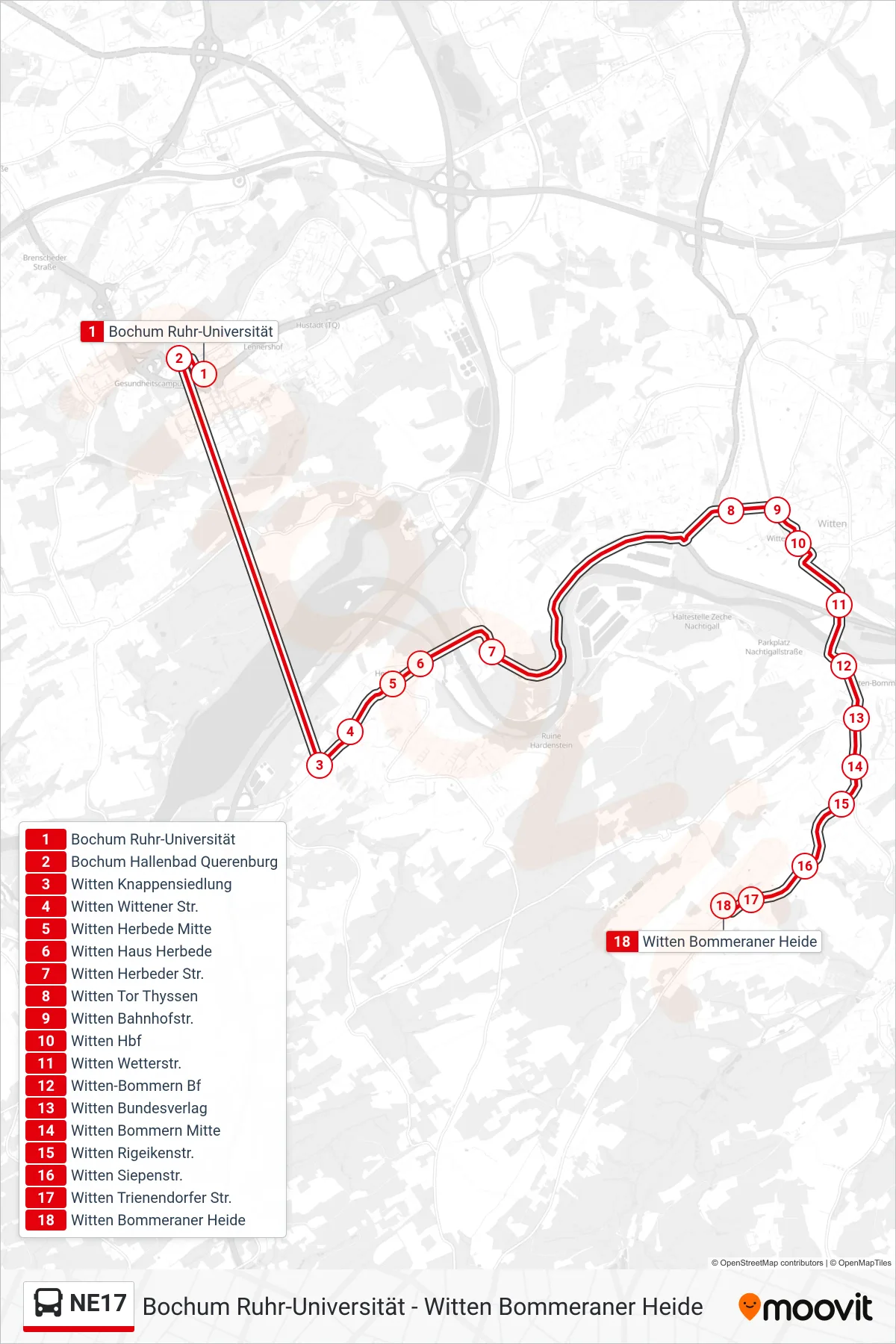 NE17 bus Line (Witten Bommeraner Heide) route and stops on a map