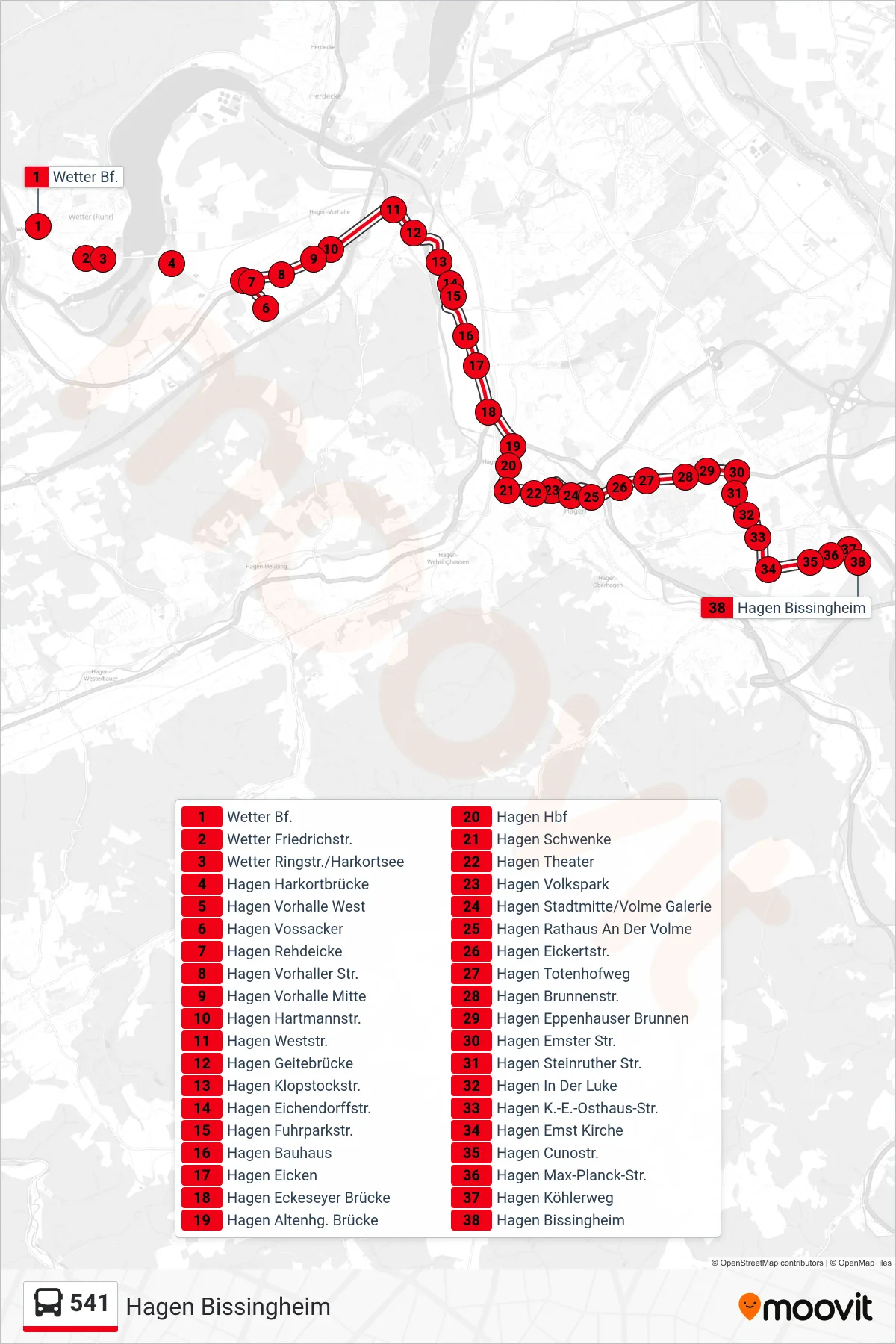 Linie 541 (Bus) Richtung Hagen Bissingheim: Route und Haltestellen auf der Karte