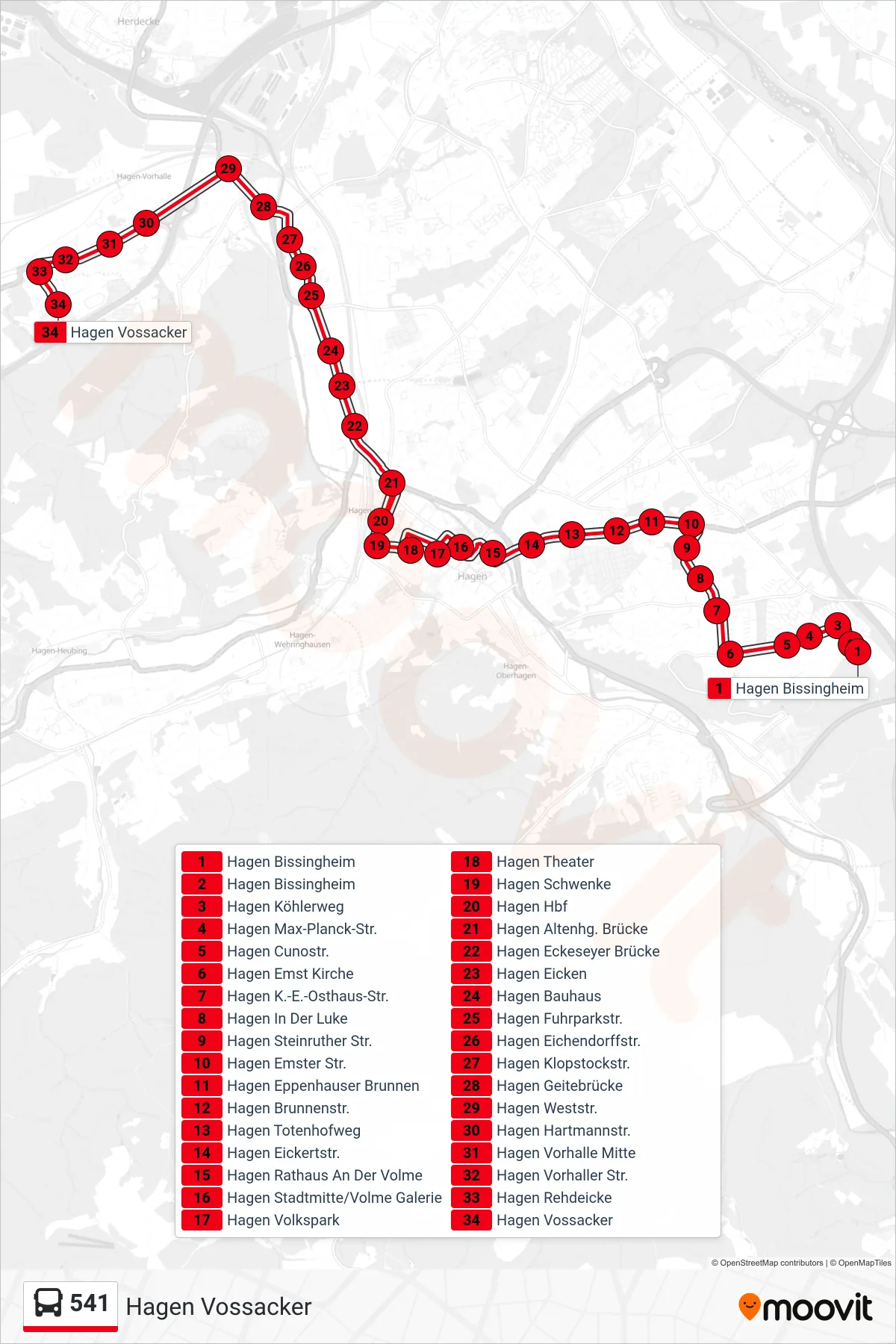 Linie 541 (Bus) Richtung Hagen Vossacker: Route und Haltestellen auf der Karte