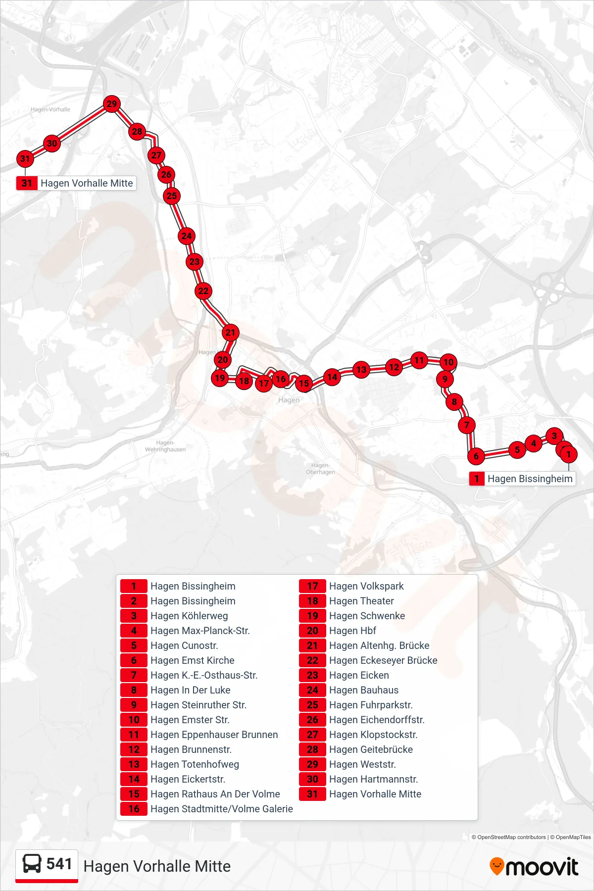 Linie 541 (Bus) Richtung Hagen Vorhalle Mitte: Route und Haltestellen auf der Karte