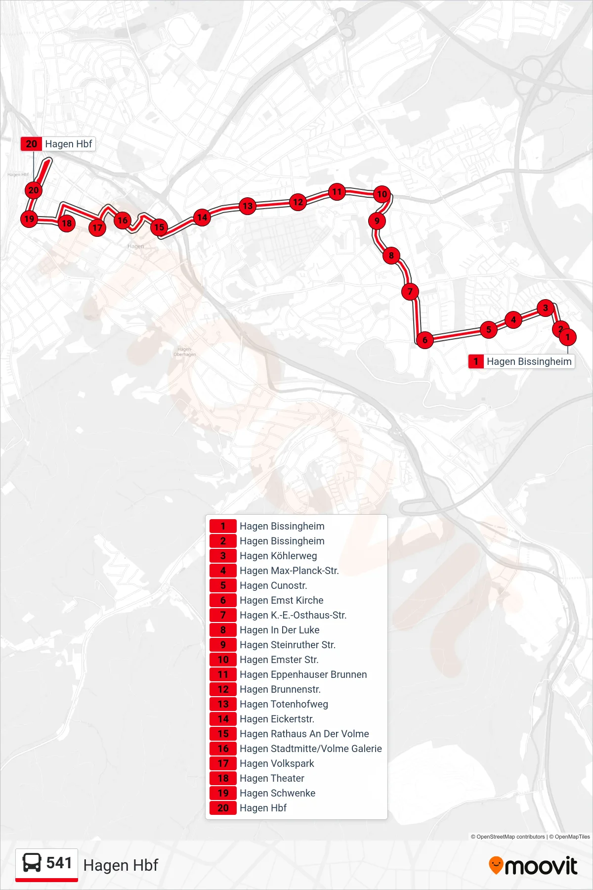 541 bus Line (Hagen Hbf) route and stops on a map