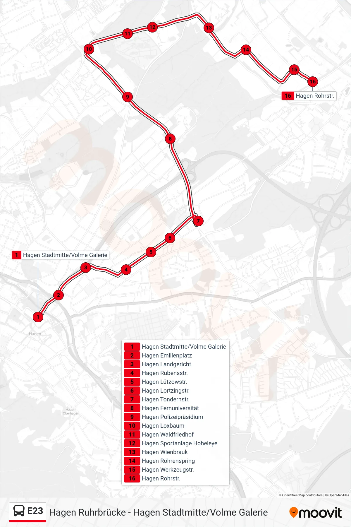 E23 bus Line (Hagen Rohrstr.) route and stops on a map