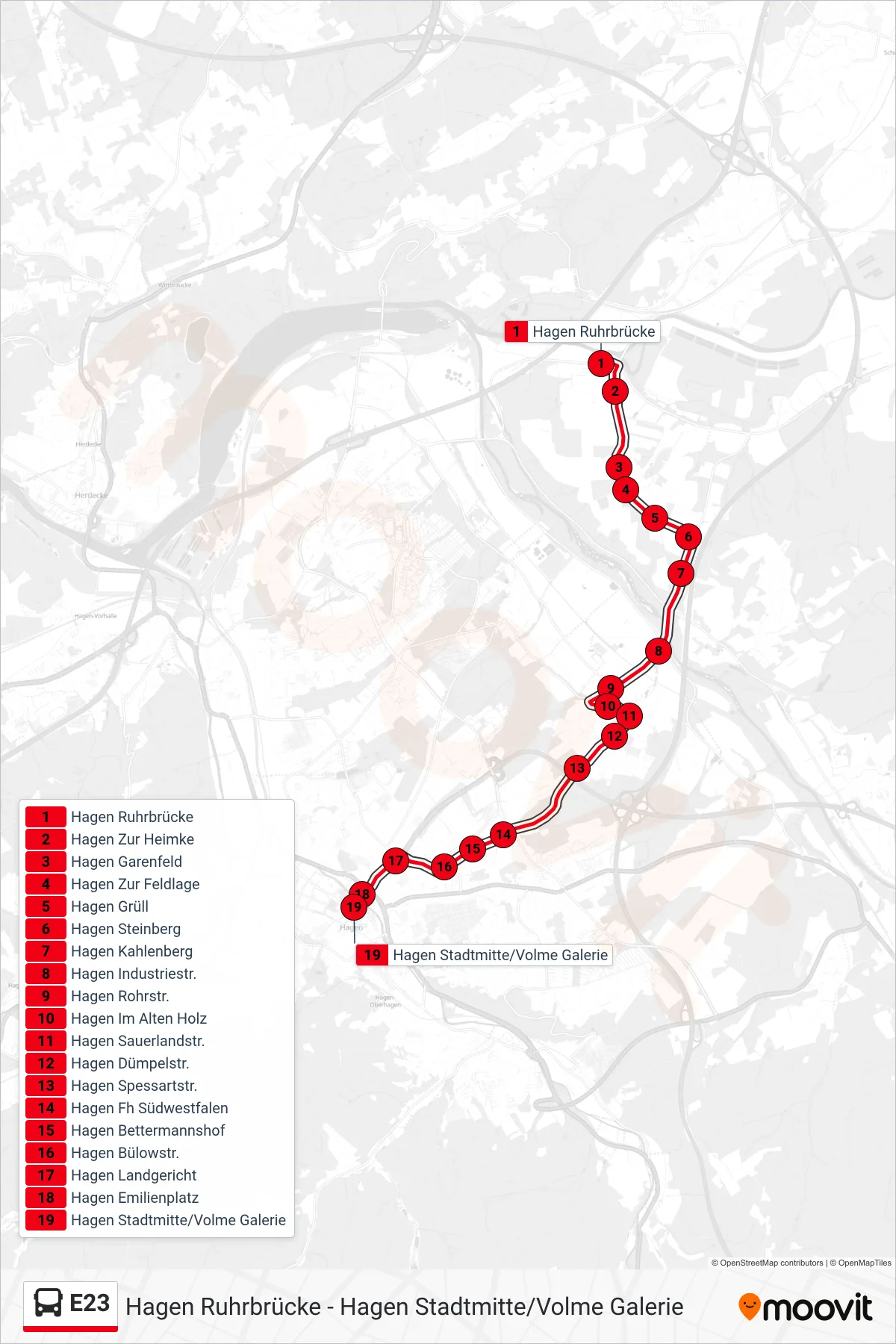 Linie E23 (Bus) Richtung Hagen Stadtmitte/Volme Galerie: Route und Haltestellen auf der Karte