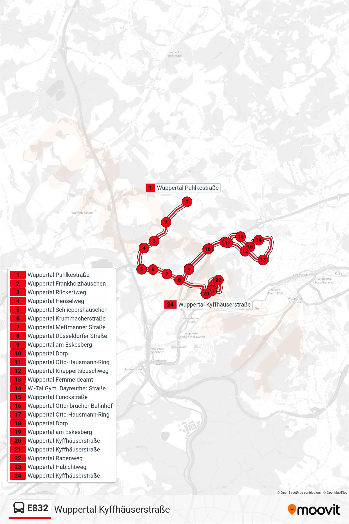 Linie E832 (Bus) Richtung Wuppertal Kyffhäuserstraße: Route und Haltestellen auf der Karte