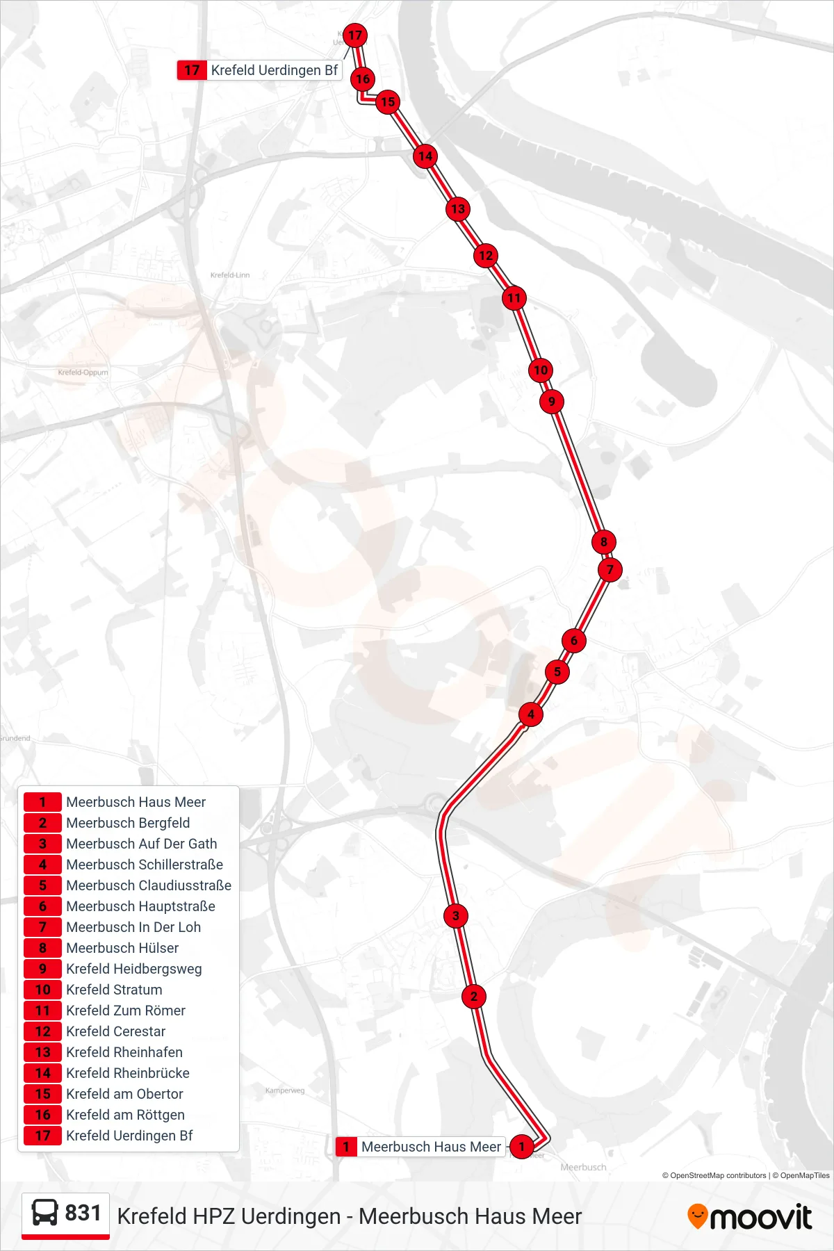 831 bus Line (Krefeld Uerdingen Bf) route and stops on a map