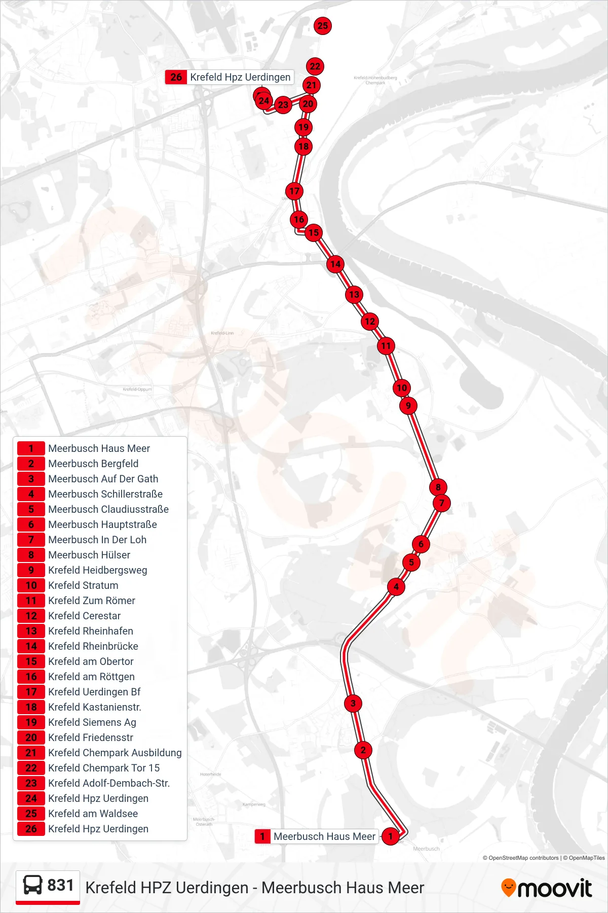831 bus Line (Krefeld Hpz Uerdingen) route and stops on a map