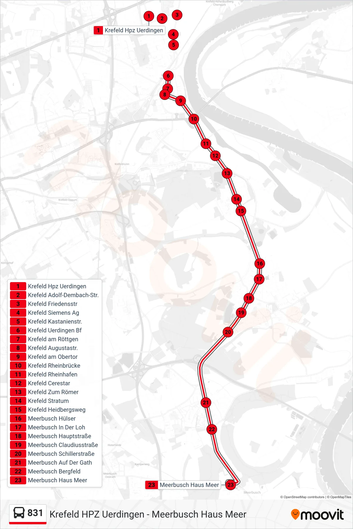 Linie 831 (Bus) Richtung Meerbusch Haus Meer: Route und Haltestellen auf der Karte