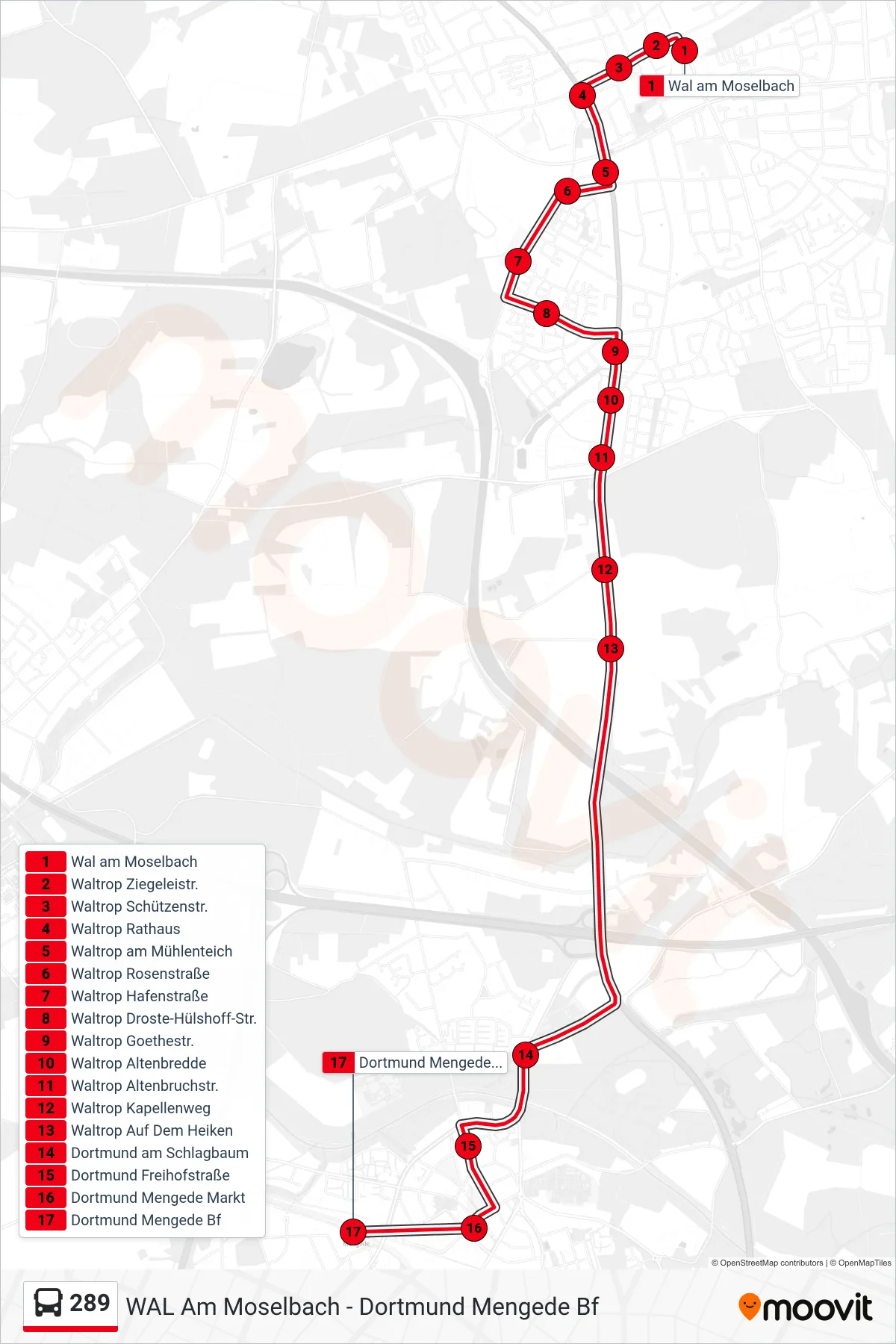 Linie 289 (Bus) Richtung Dortmund Mengede Bf: Route und Haltestellen auf der Karte