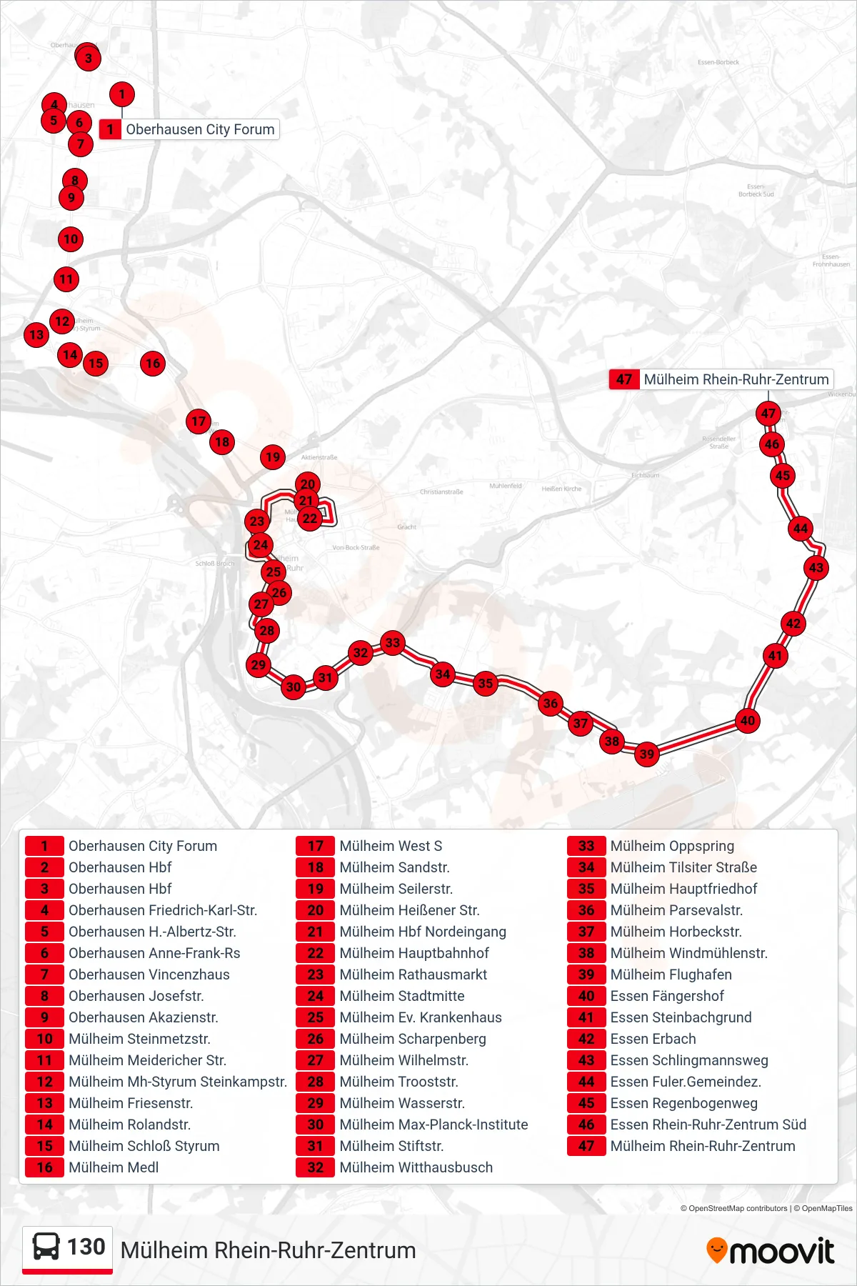 130 bus Line (Mülheim Rhein-Ruhr-Zentrum) route and stops on a map