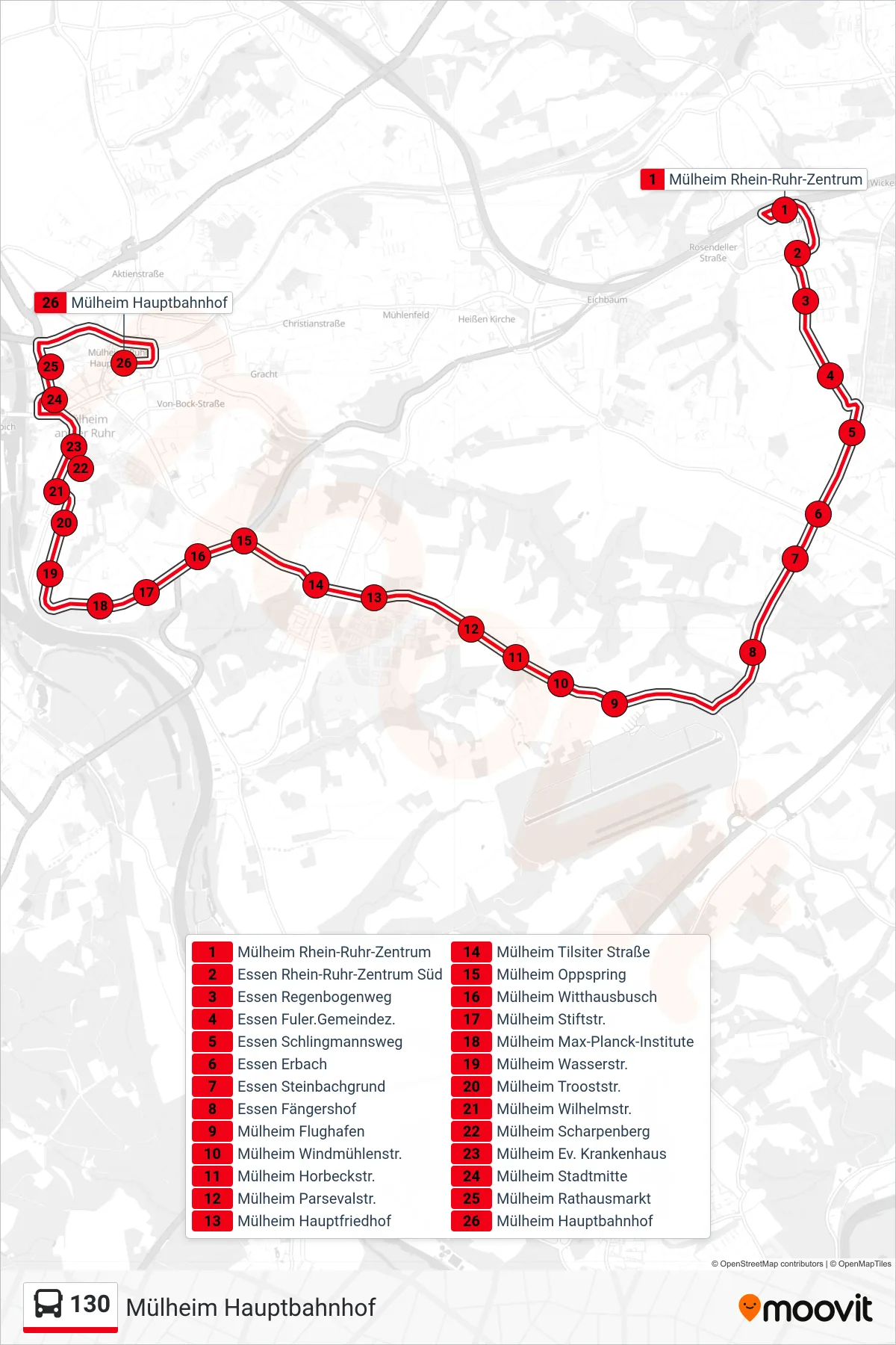 Linie 130 (Bus) Richtung Mülheim Hauptbahnhof: Route und Haltestellen auf der Karte