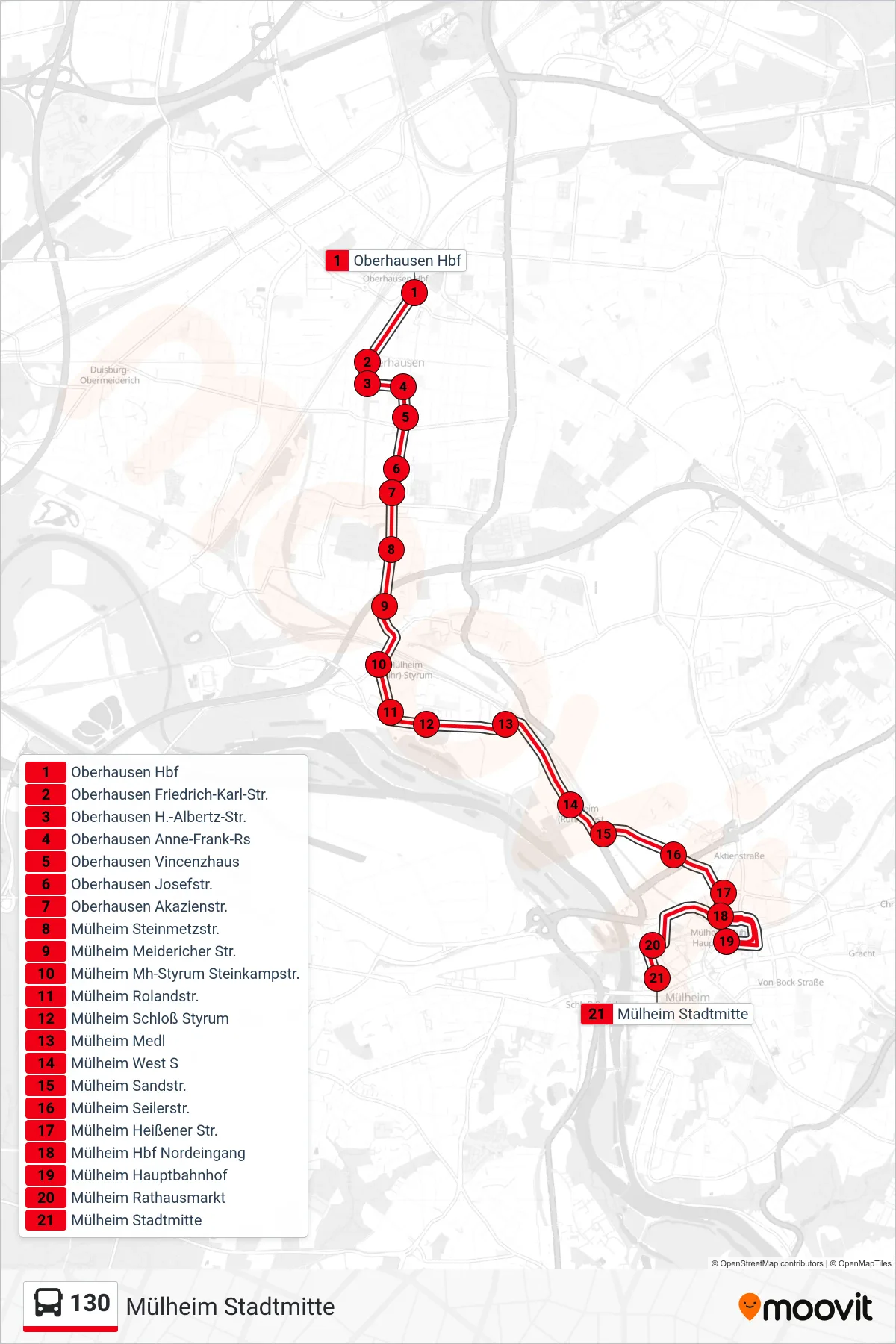 Linie 130 (Bus) Richtung Mülheim Stadtmitte: Route und Haltestellen auf der Karte