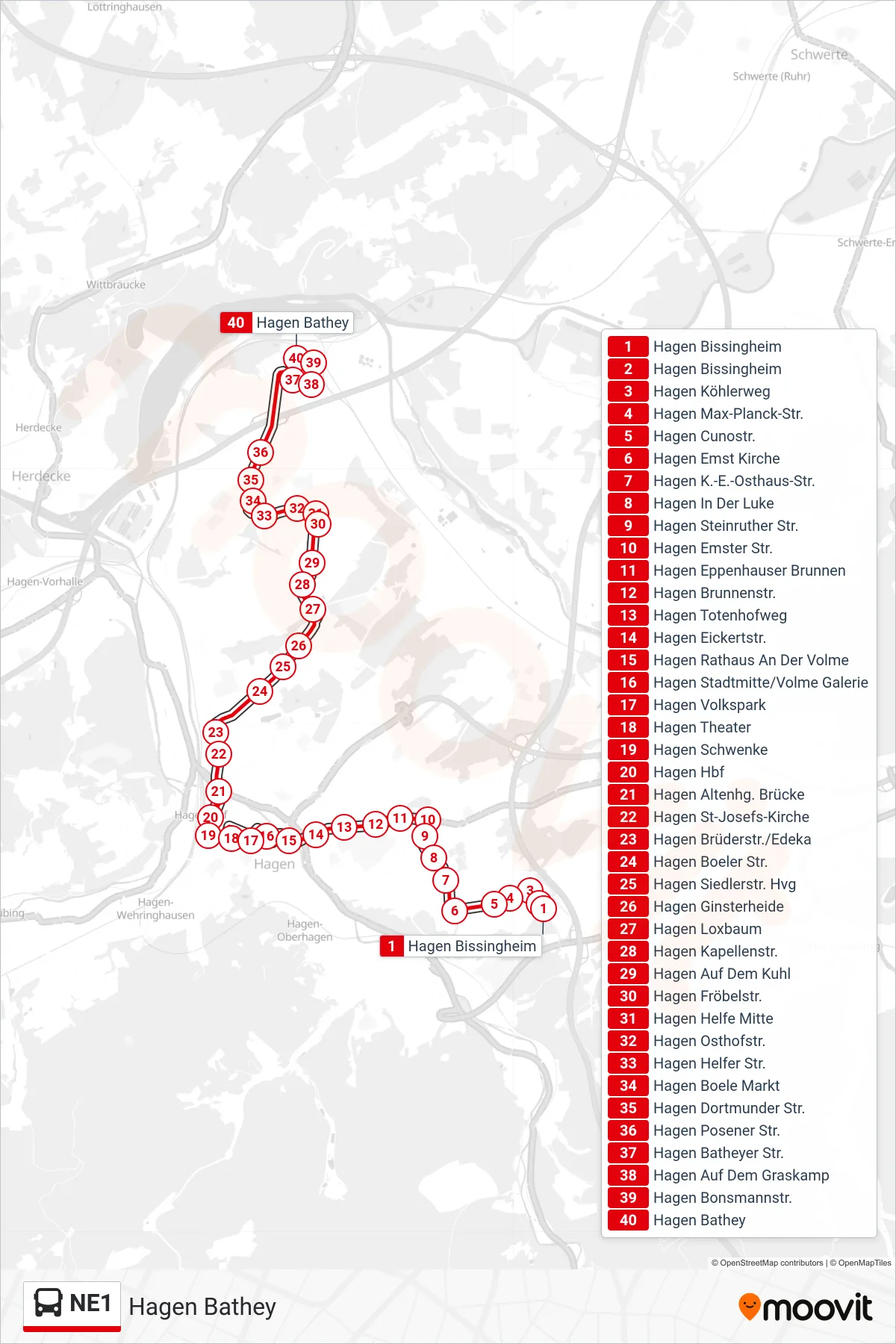 NE1 bus Line (Hagen Bathey) route and stops on a map