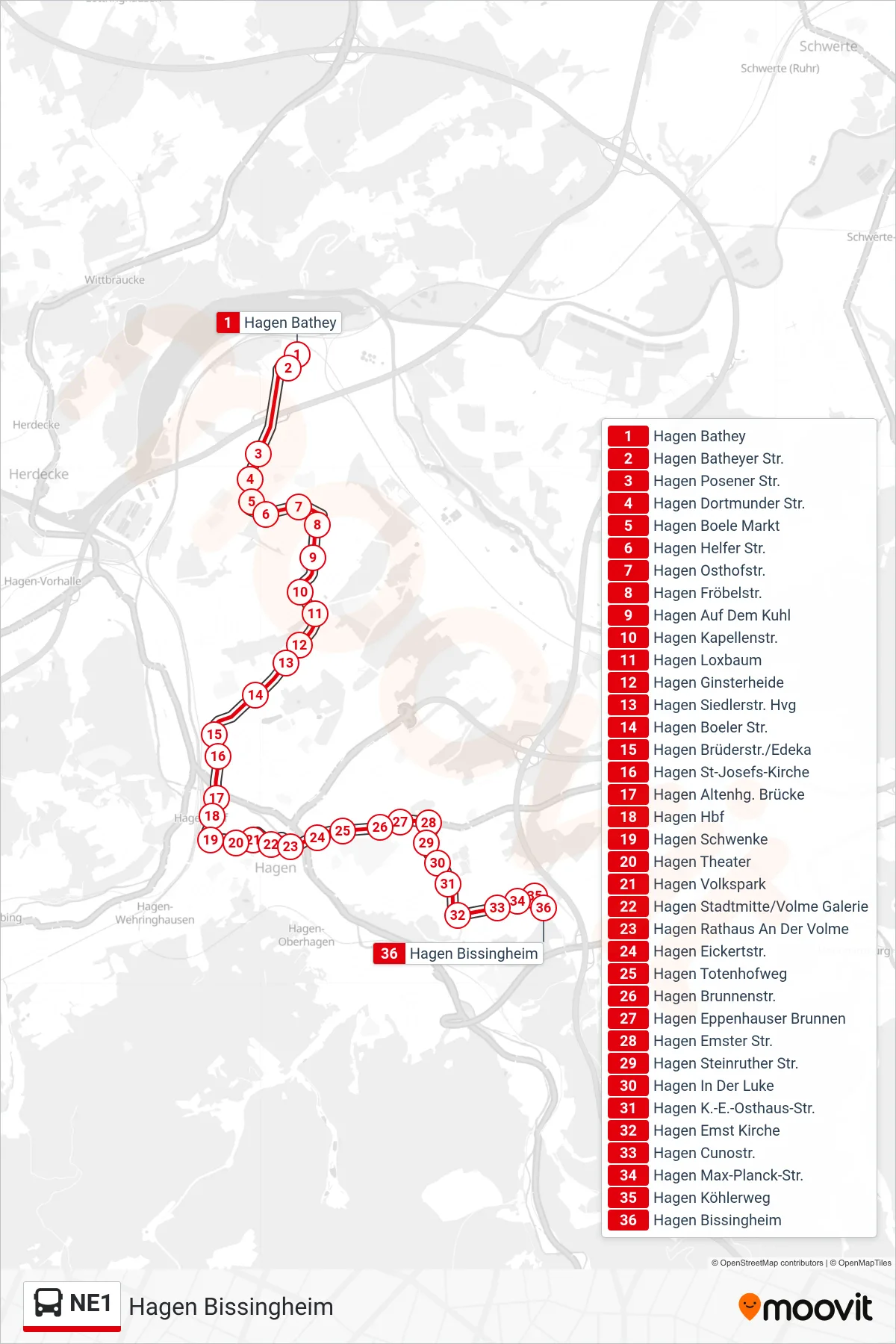 Linie NE1 (Bus) Richtung Hagen Bissingheim: Route und Haltestellen auf der Karte