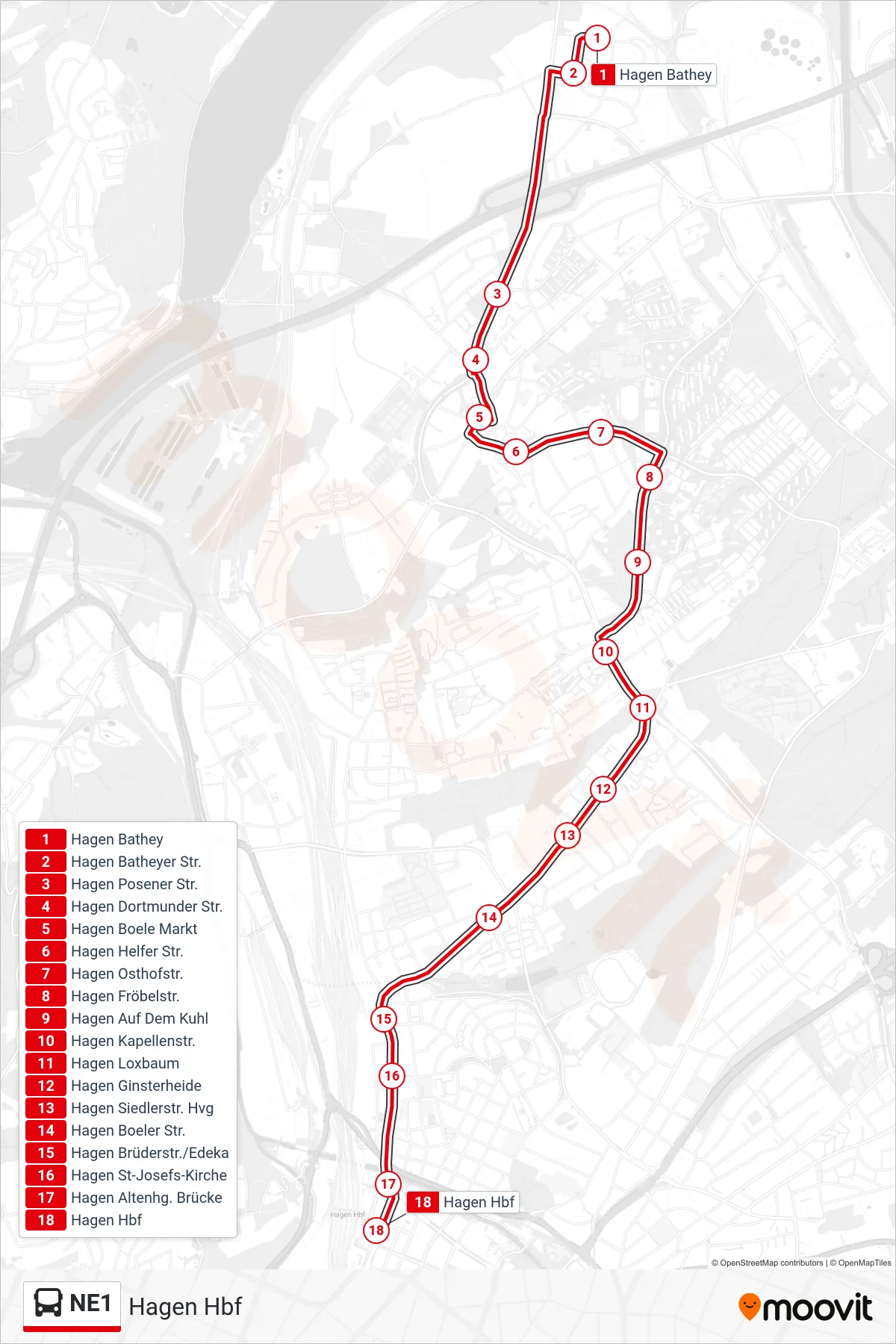 Linie NE1 (Bus) Richtung Hagen Hbf: Route und Haltestellen auf der Karte