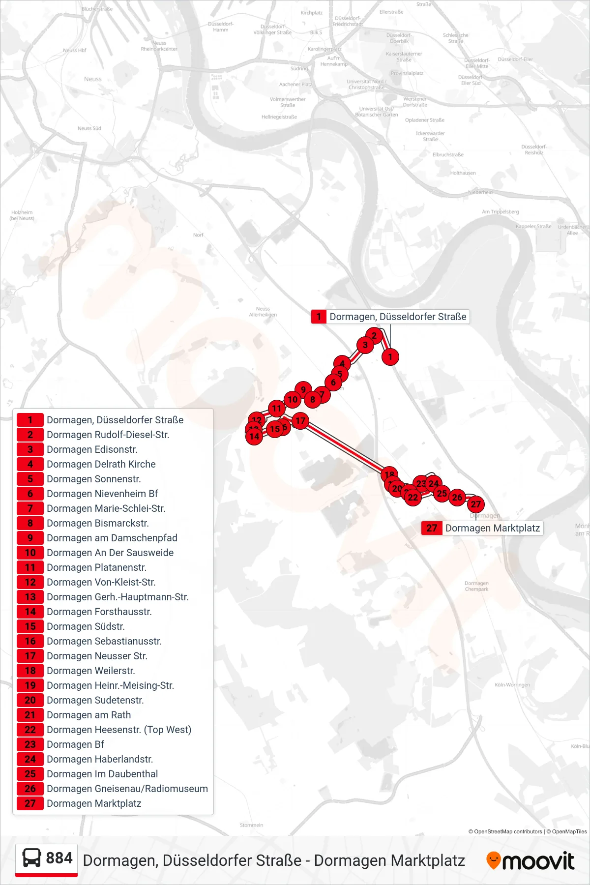 Linie 884 (Bus) Richtung Dormagen Marktplatz: Route und Haltestellen auf der Karte