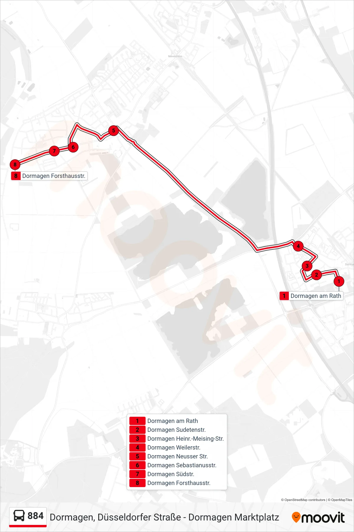 884 bus Line (Dormagen Forsthausstr.) route and stops on a map