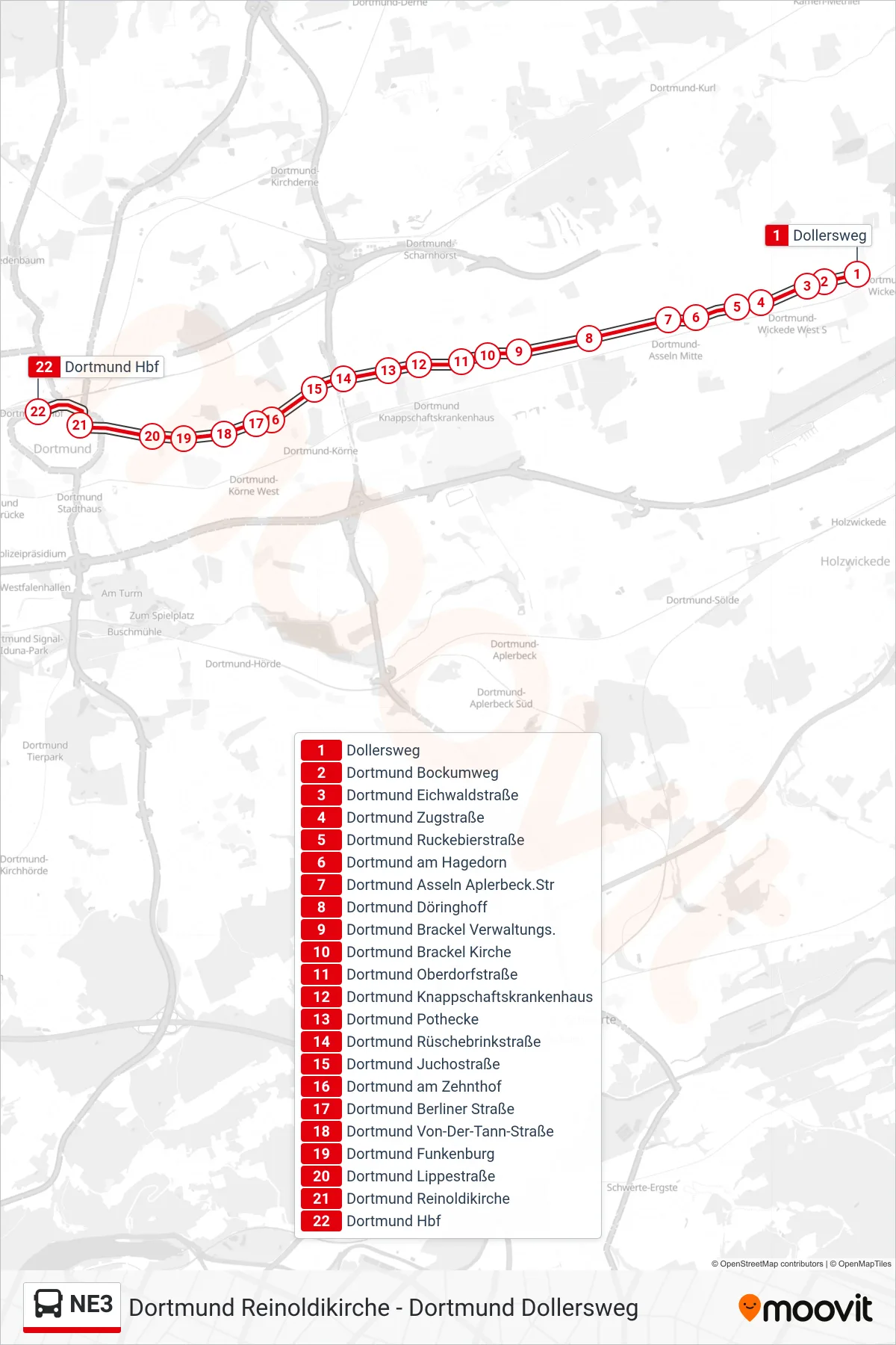 NE3 bus Line (Dortmund Hbf) route and stops on a map