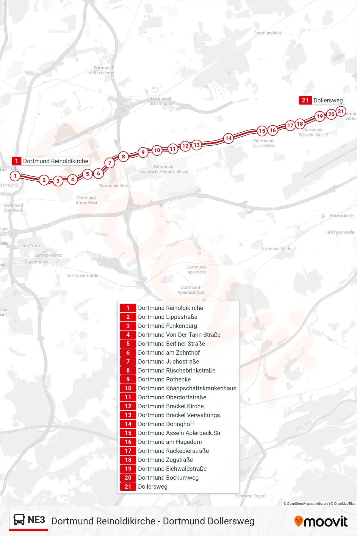 Linie NE3 (Bus) Richtung Dortmund Dollersweg: Route und Haltestellen auf der Karte